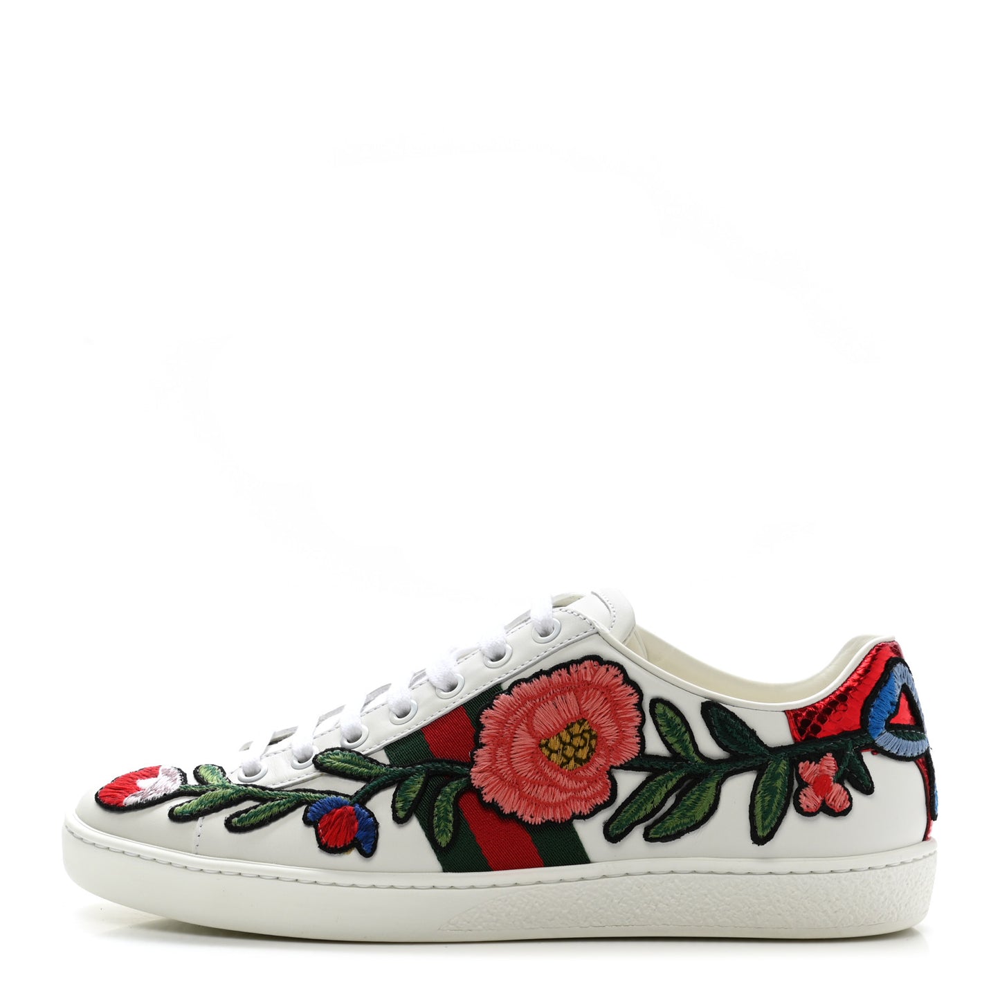 Calfskin Web Floral Embroidered Womens Ace Sneakers 38 White