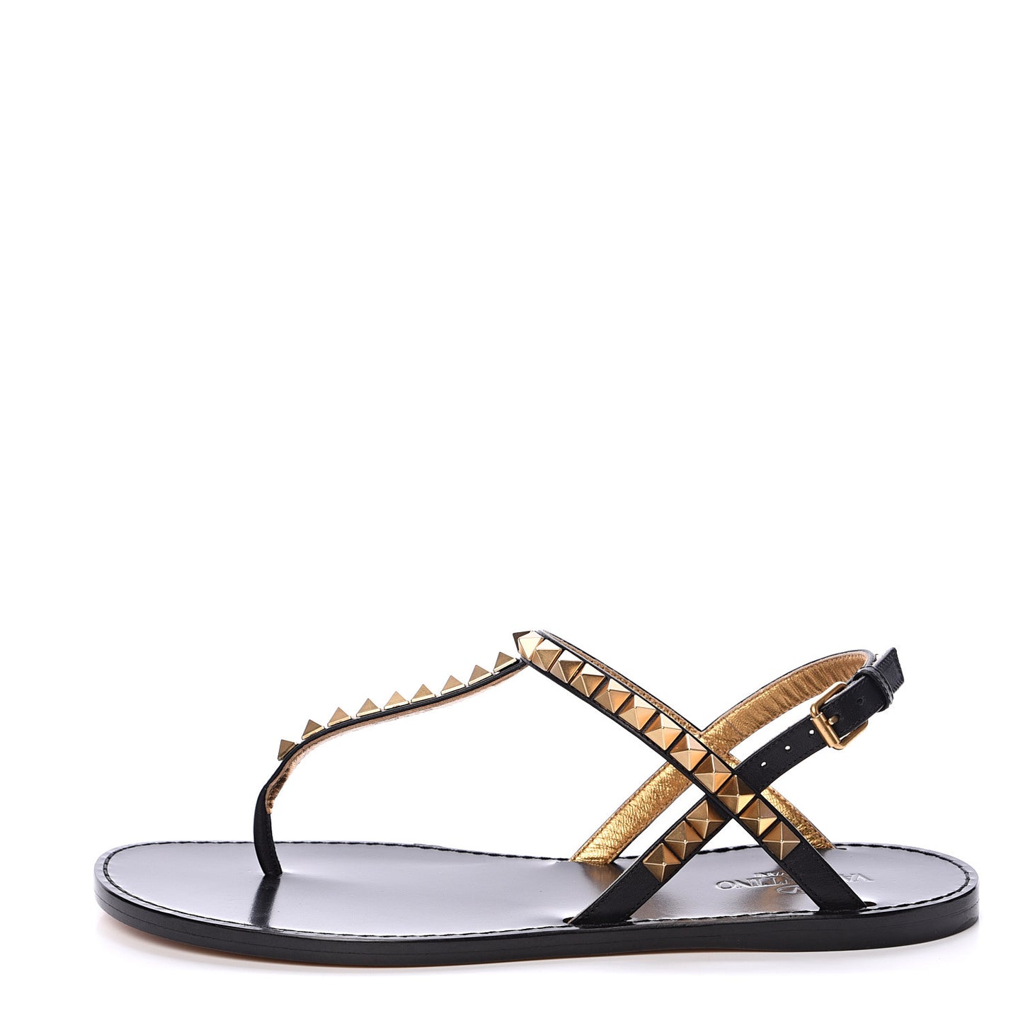 Calfskin Rockstud No Limit Slingback Flat Thong Sandals 36.5 Black Gold