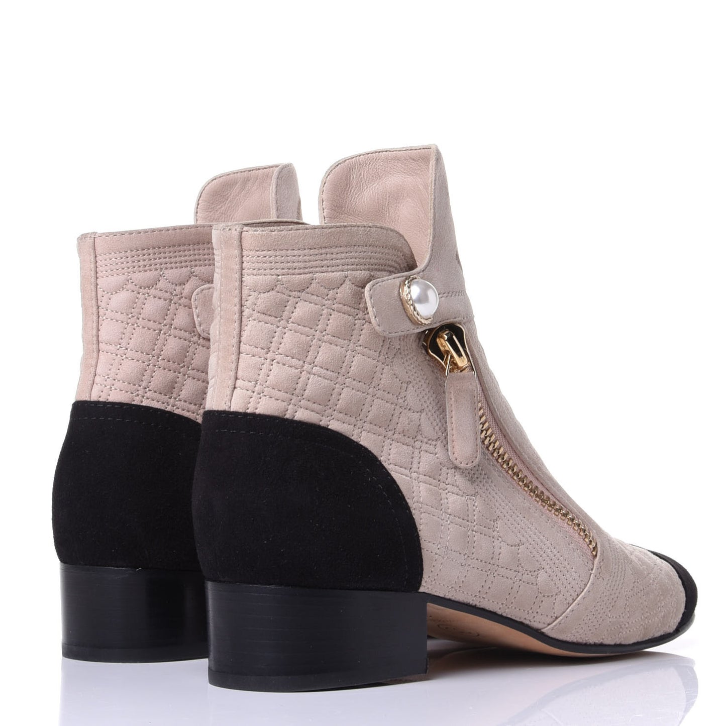 Kid Suede Quilted Cap Toe Short Boots 36.5 Beige Black