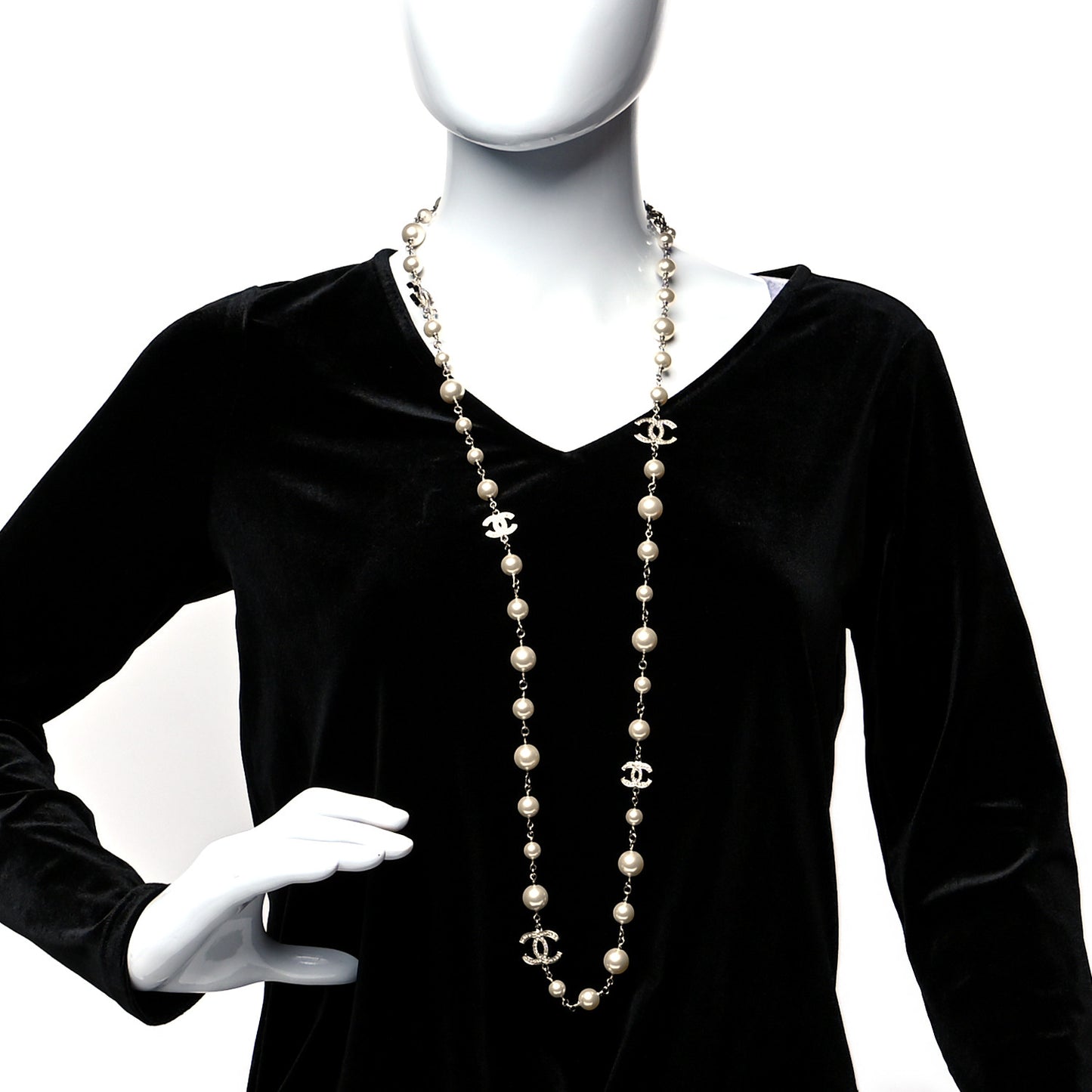 Graduated Pearl Crystal CC Long Necklace Silver