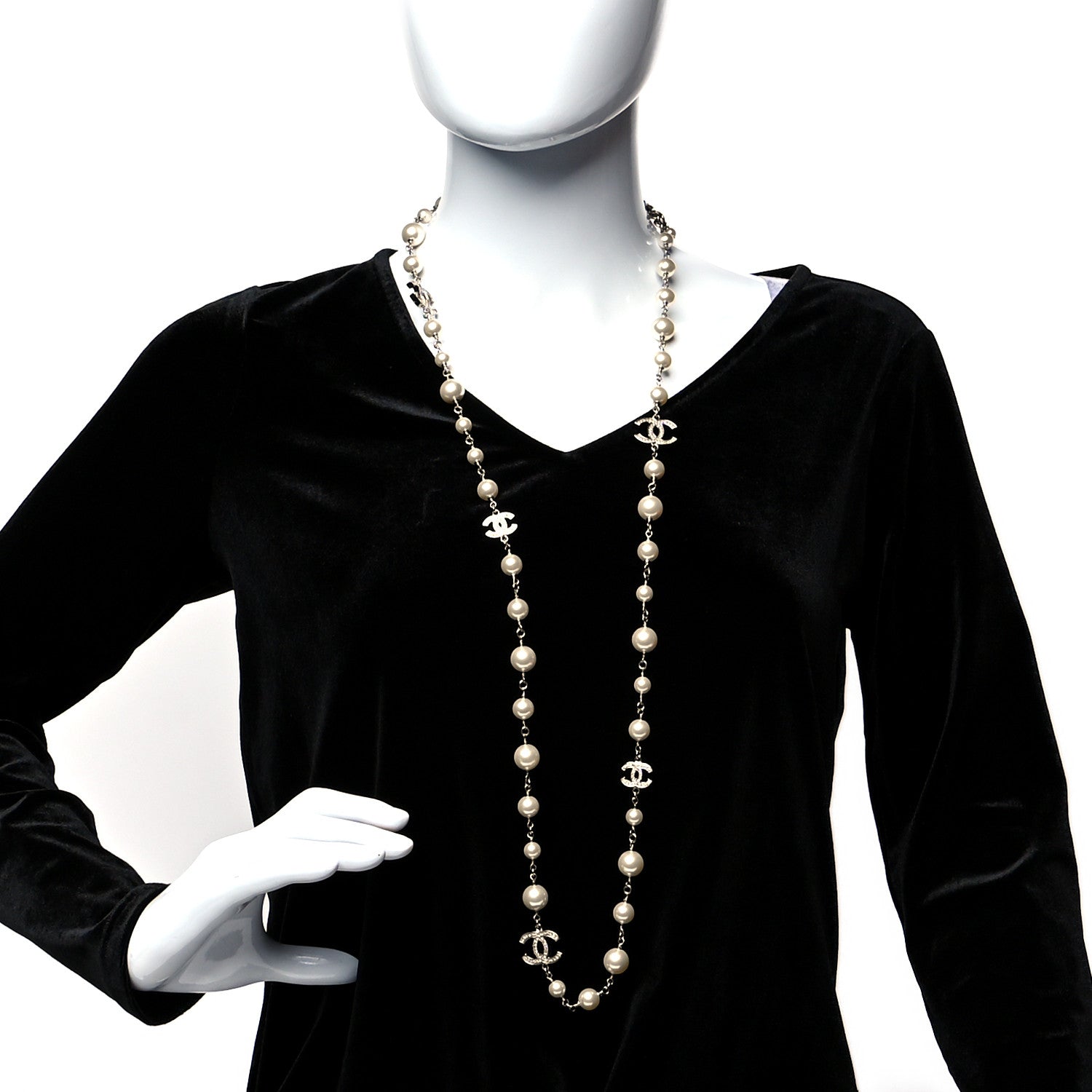 Chanel Graduated Pearl Crystal CC Long Necklace Silver 2 of 5