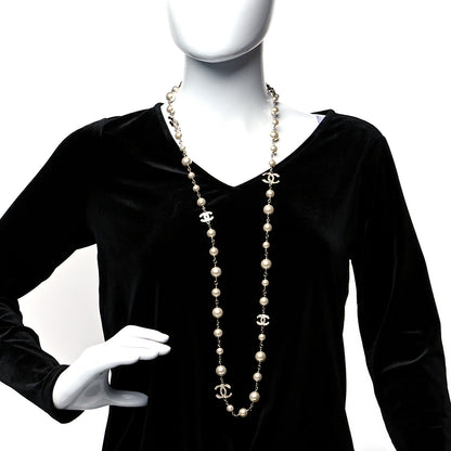 Chanel Graduated Pearl Crystal CC Long Necklace Silver 2 of 5