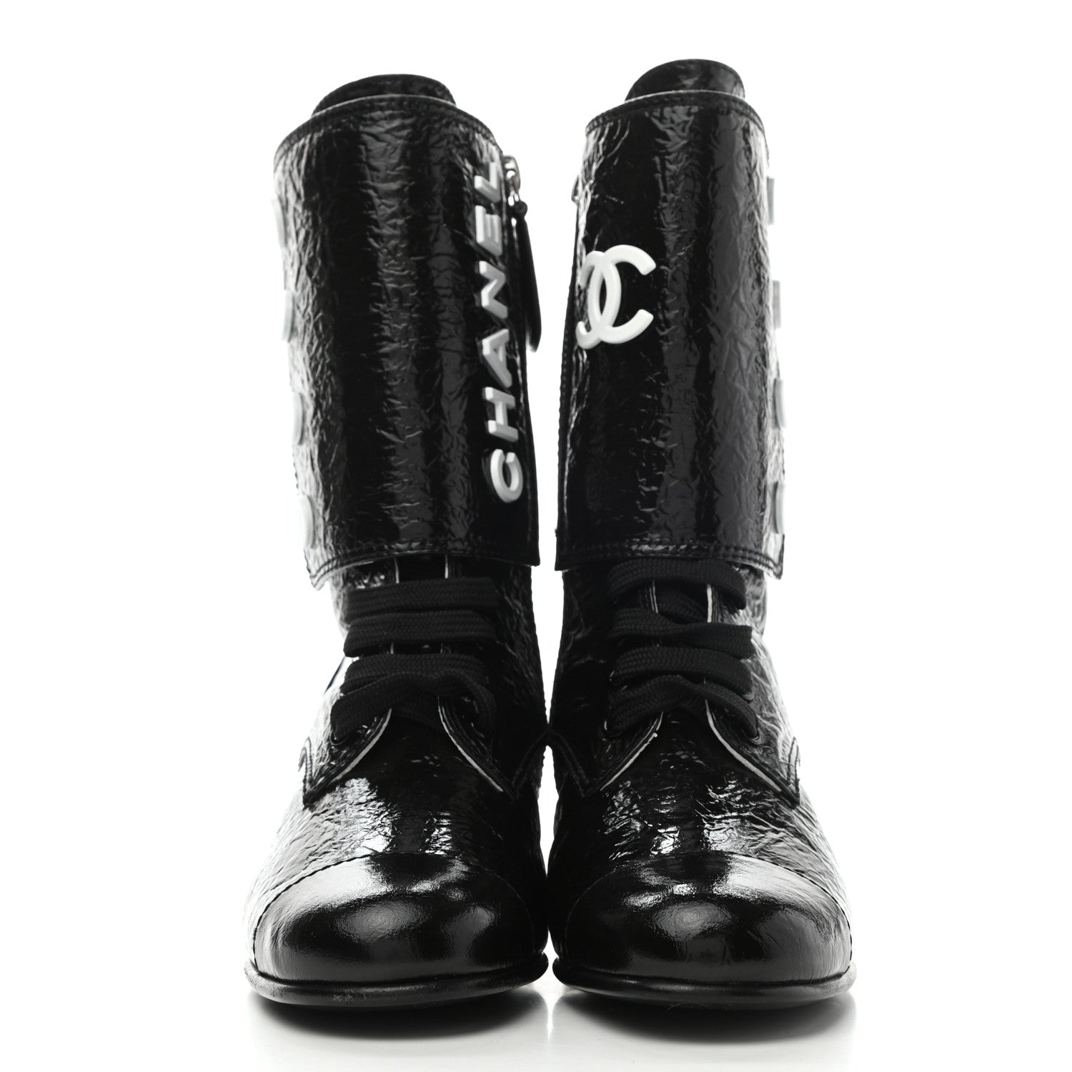 Chanel Patent Goatskin Cap Toe CC Lace Up Boots 35.5 Black 2 of 9