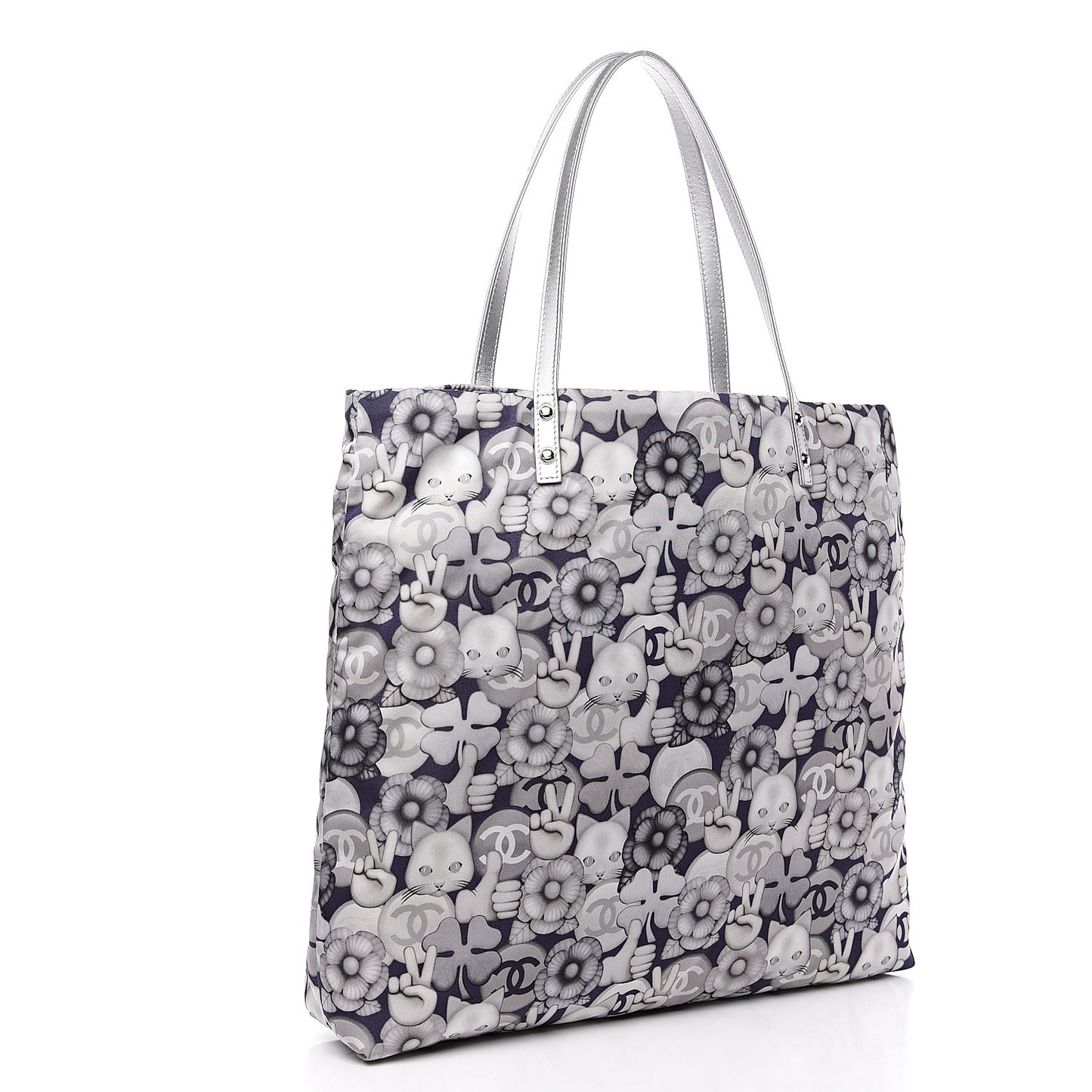 Nylon Cat Emoticon Tote Navy Silver
