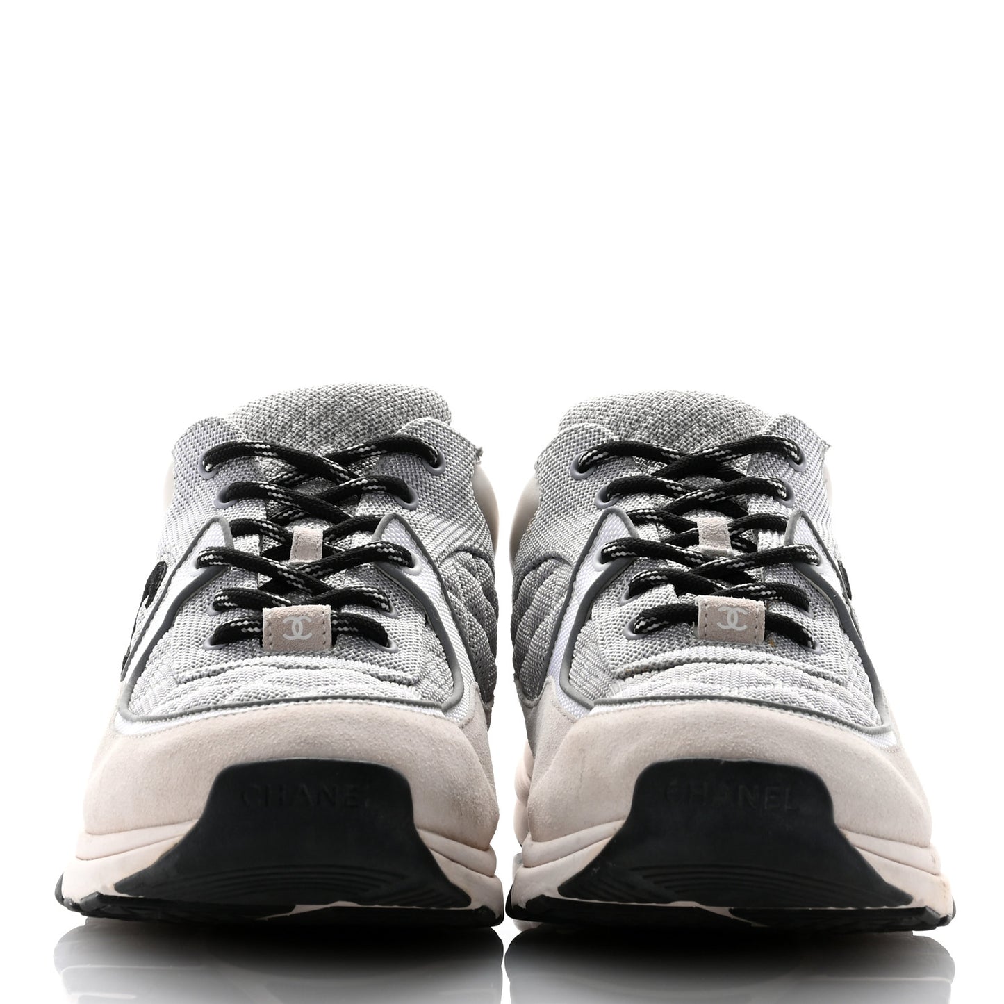 Mesh Suede Calfskin Grained Calfskin Mens CC Sneakers 45 Gray White