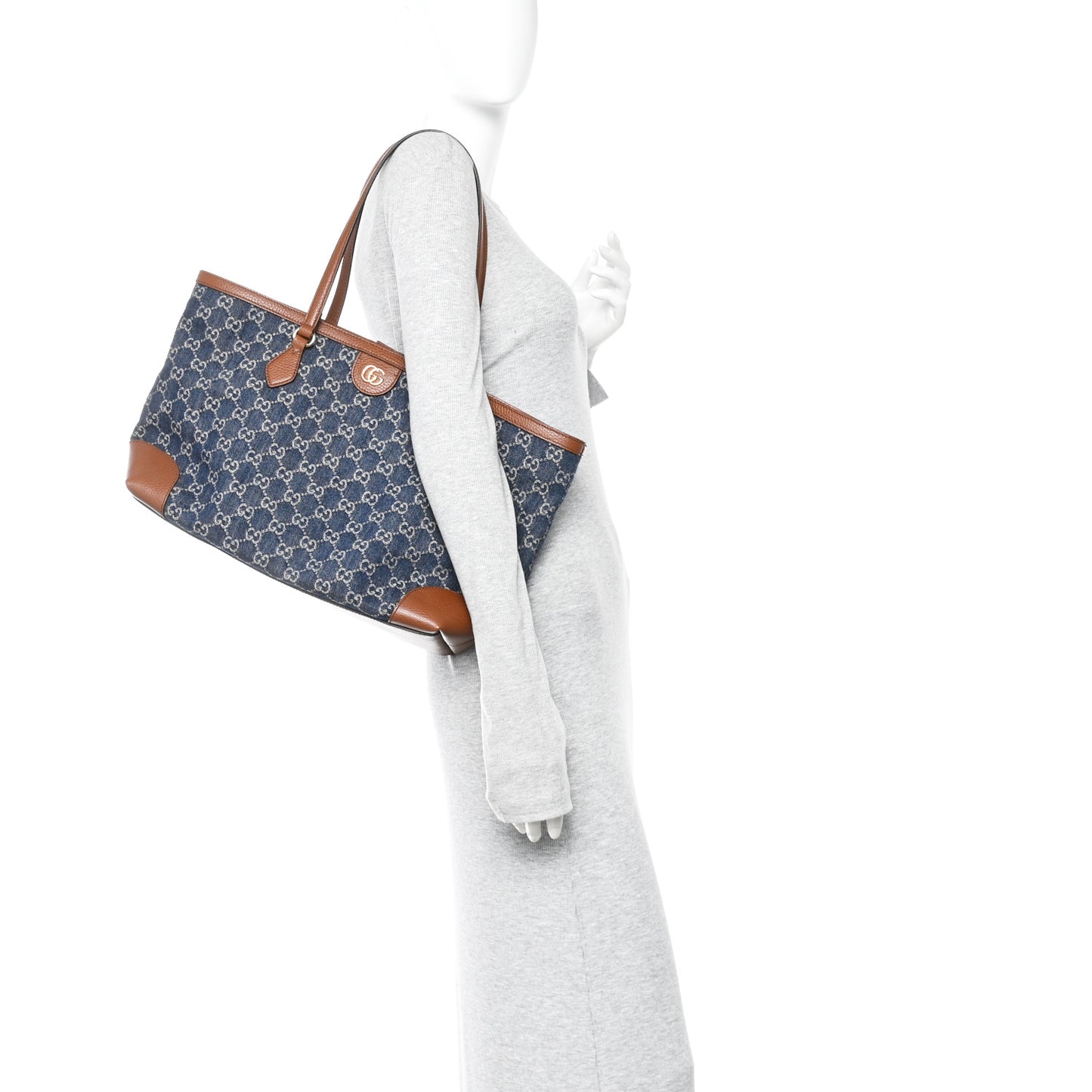 New Denim GG Monogram Medium Ophidia Shopping Tote Blue Tea Cuir