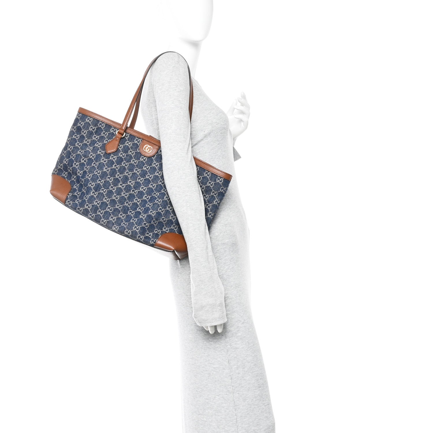 Gucci New Denim GG Monogram Medium Ophidia Shopping Tote Blue Tea Cuir 2 of 13