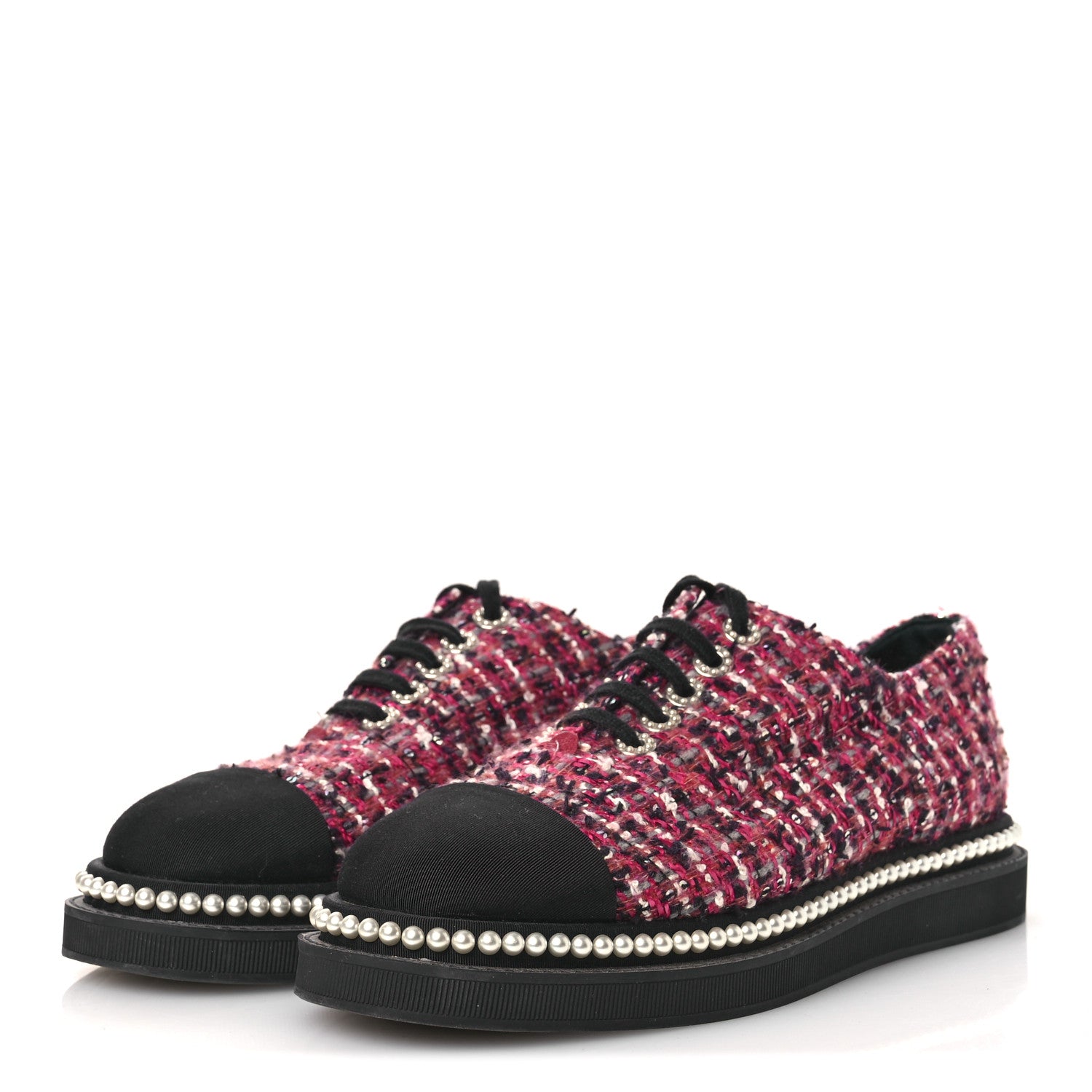 Chanel Tweed Grosgrain Sequin Pearl Lace Up Sneakers 40 Black Pink 4 of 11