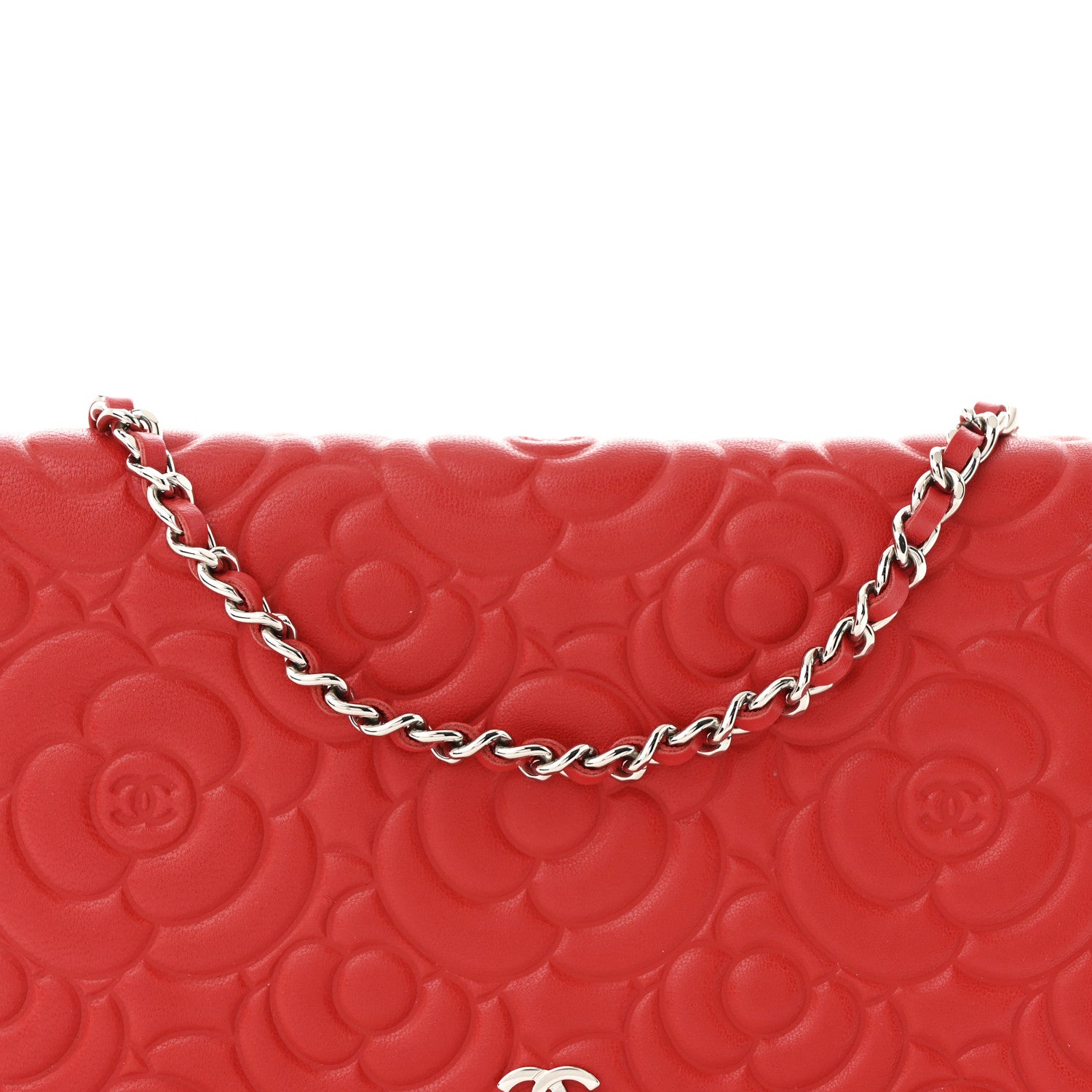 Chanel Lambskin Camellia Embossed Wallet on Chain WOC Red 9 of 12