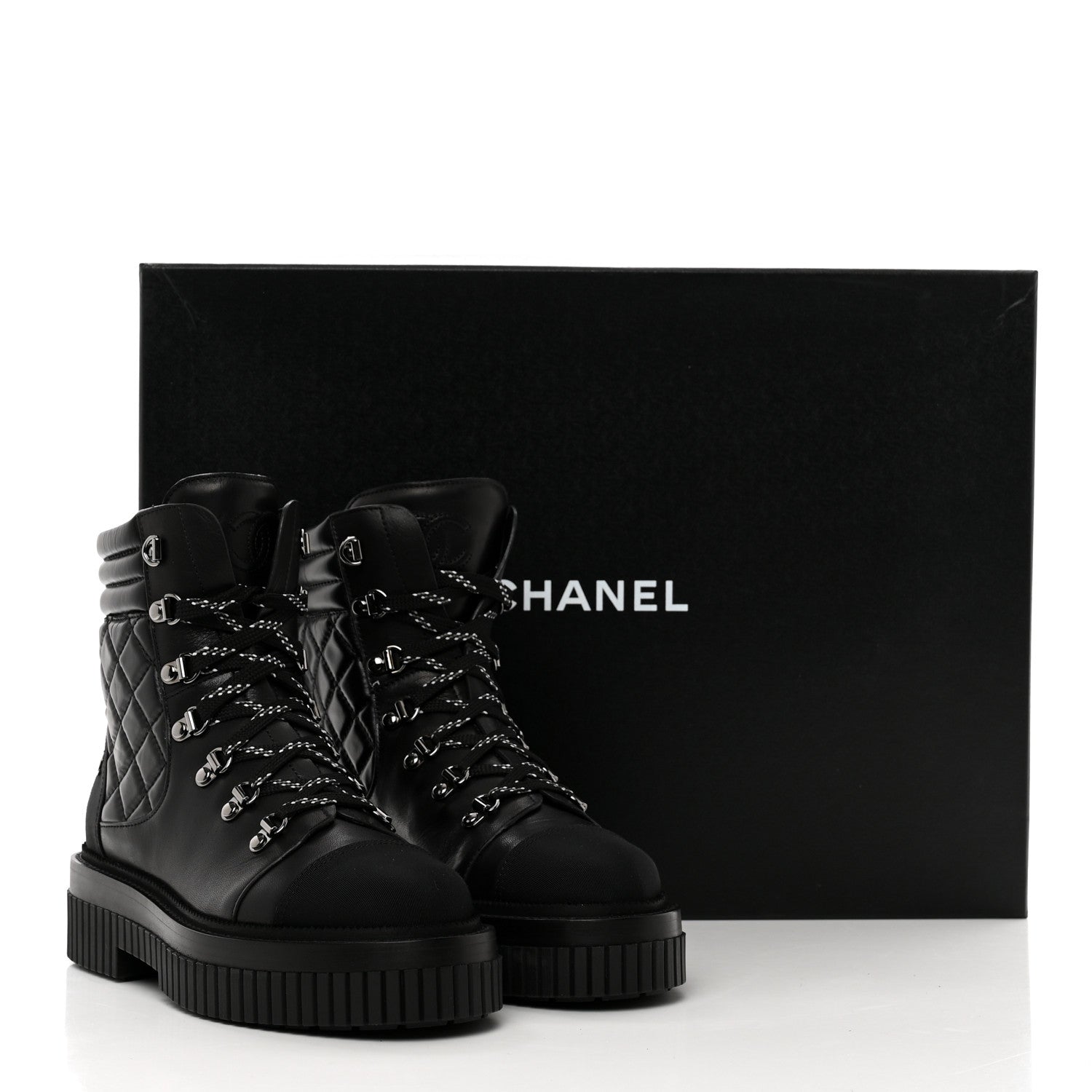 Chanel Calfskin Grosgrain Quilted Lace Up Boots 37.5 Black Grey 9 of 9