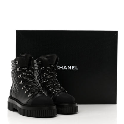 Chanel Calfskin Grosgrain Quilted Lace Up Boots 37.5 Black Grey 9 of 9