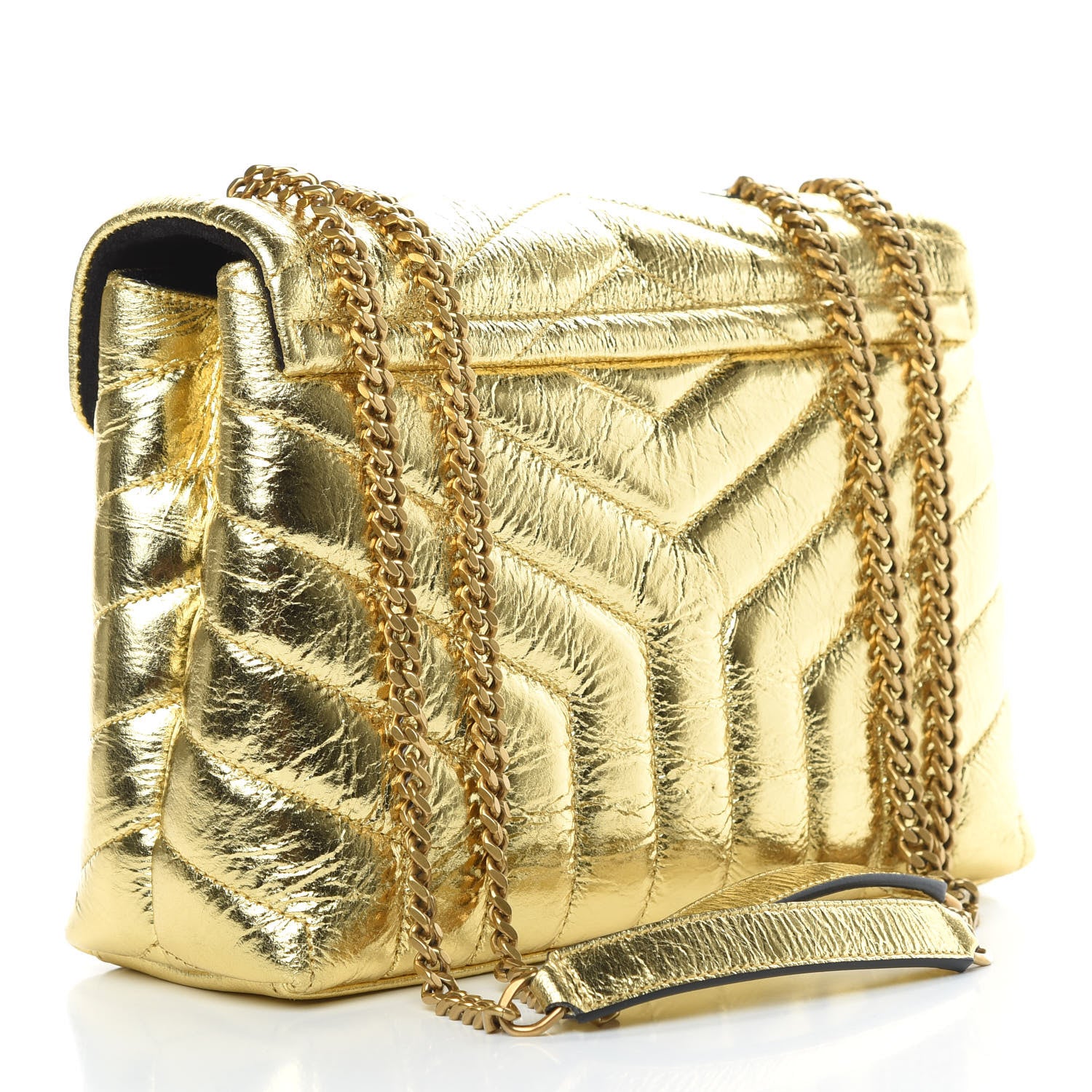 Saint Laurent Metallic Calfskin Y Quilted Small Loulou Monogram Chain Satchel Gold 3 of 11