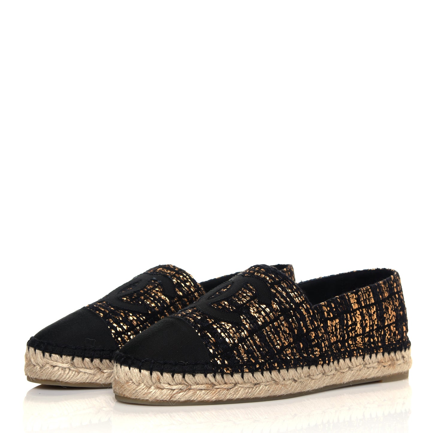 Metallic Tweed Grosgrain CC Espadrilles 39 Black Gold