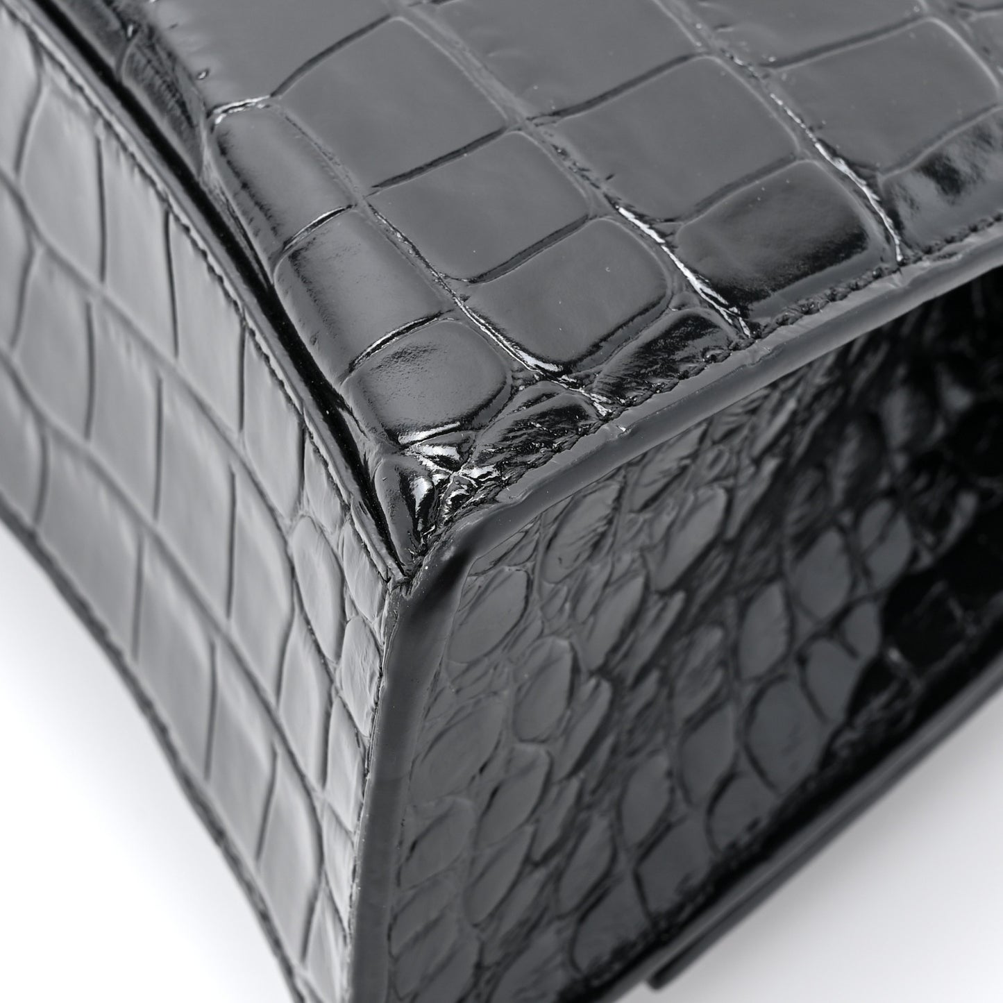 Shiny Calfskin Crocodile Embossed Hourglass Top Handle Bag XS Black
