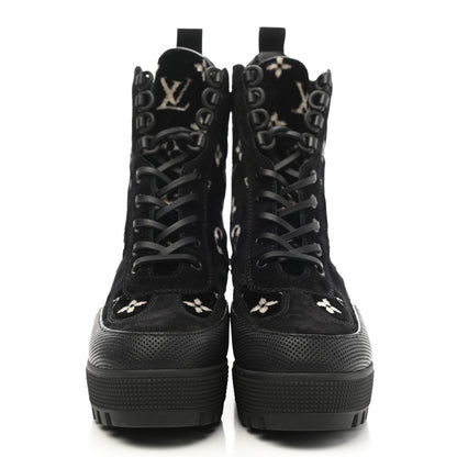 Louis Vuitton Velvet Calfskin Monogram Laureate Platform Desert Boots 38 Black White 2 of 8