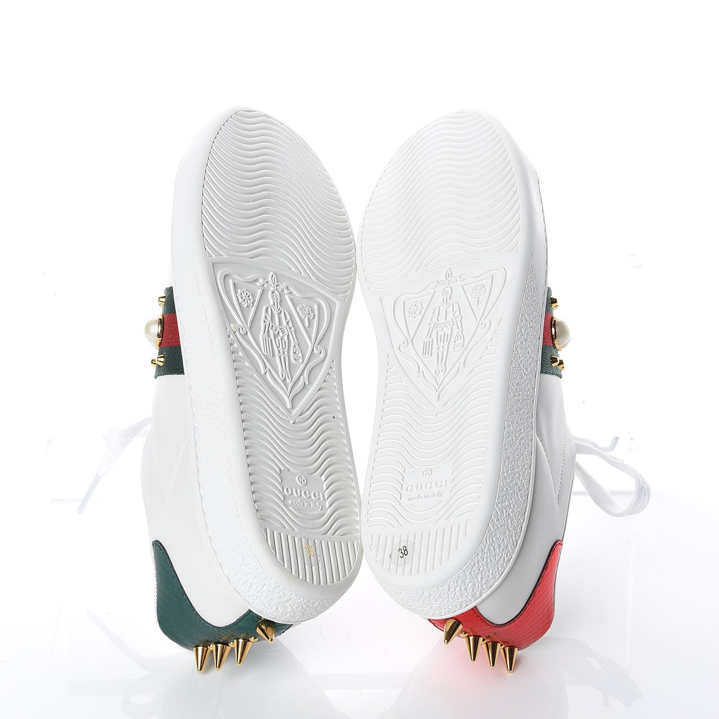 Calfskin Web Pearl Studded Womens Ace Sneakers 38 White