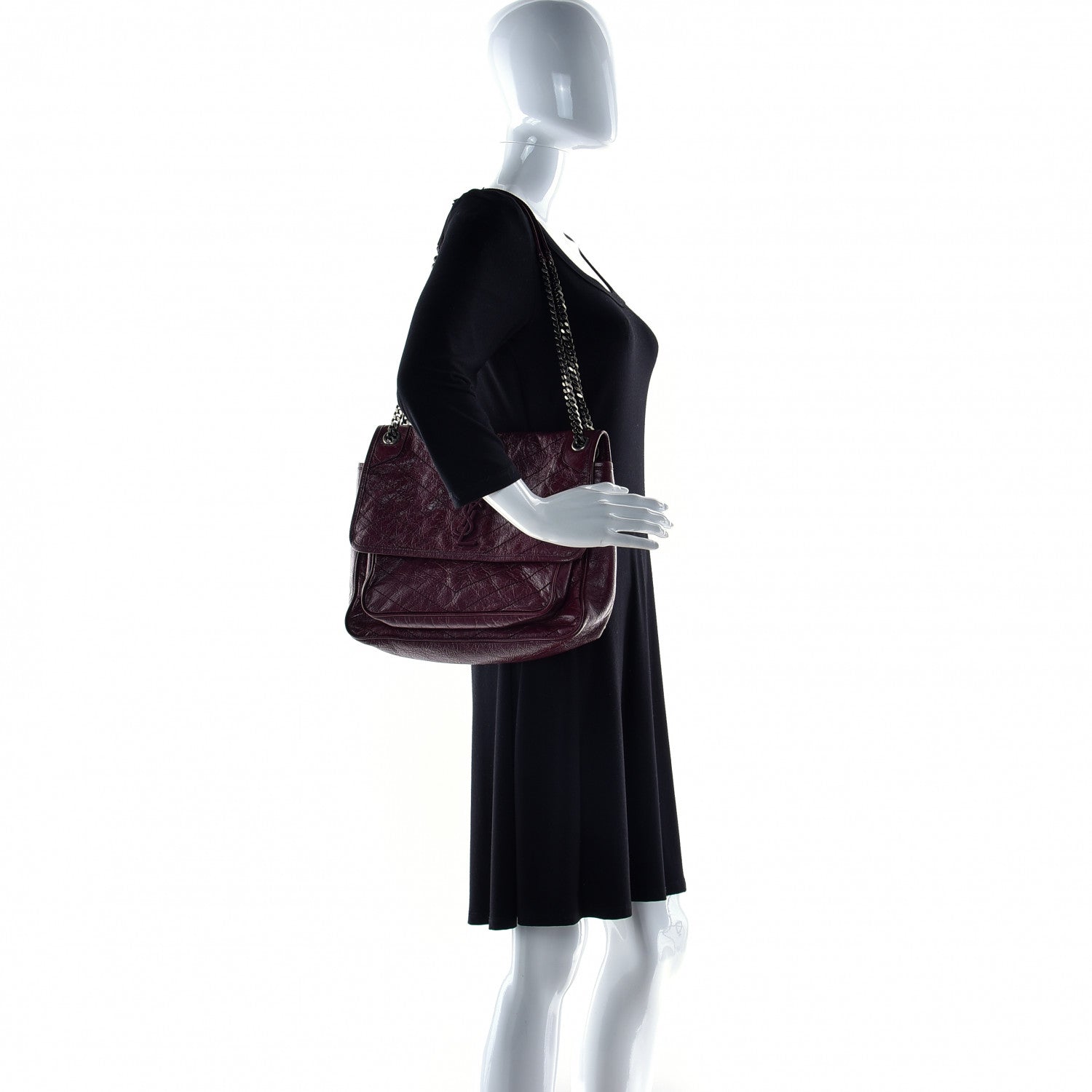 Saint Laurent Crinkled Calfskin Matelasse Monogram Large Niki Chain Satchel Rouge Legion 4 of 21