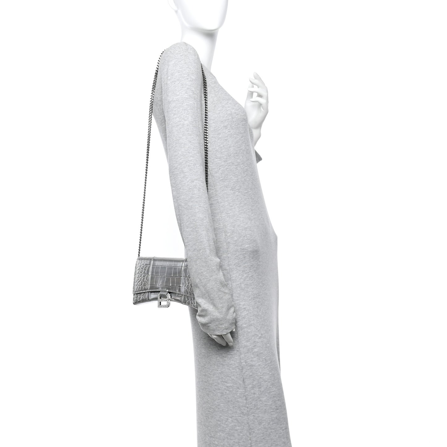 Metallic Calfskin Crocodile Embossed Hourglass Chain Bag Silver