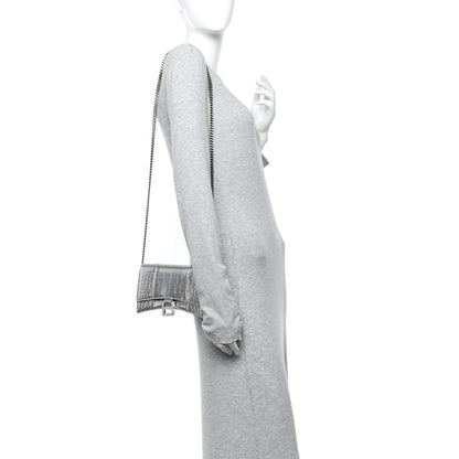 Balenciaga Metallic Calfskin Crocodile Embossed Hourglass Chain Bag Silver 2 of 13