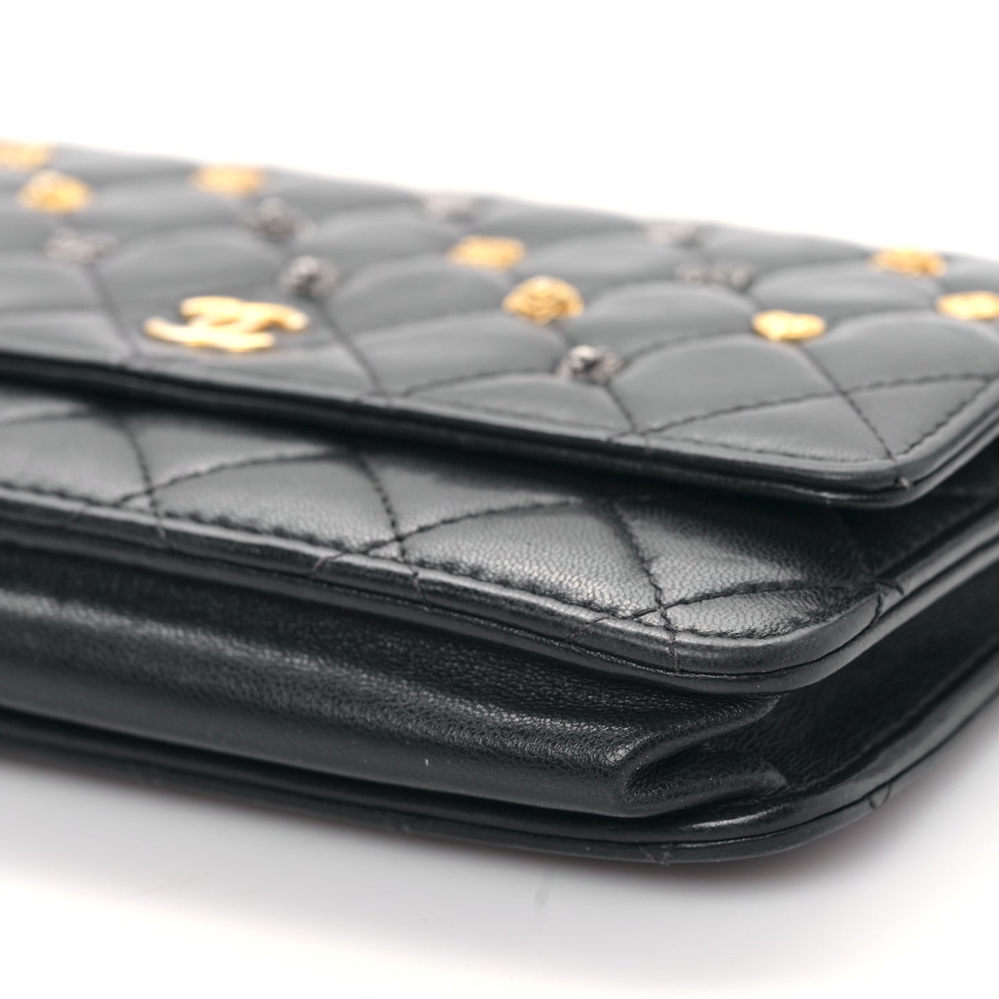 Lambskin Quilted Studded Wallet On Chain WOC Black