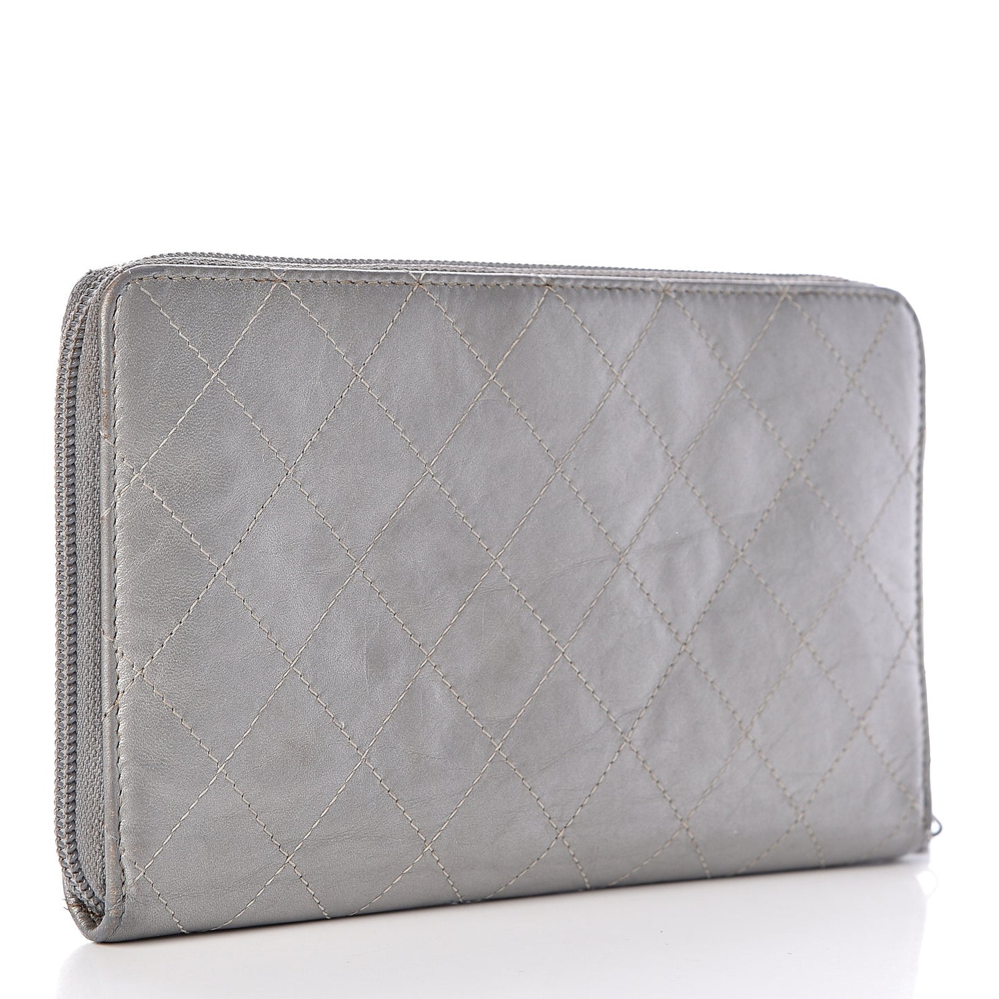 Metallic Aged Calfskin Quilted Palette Large Zip Around Organizer Wallet Silver