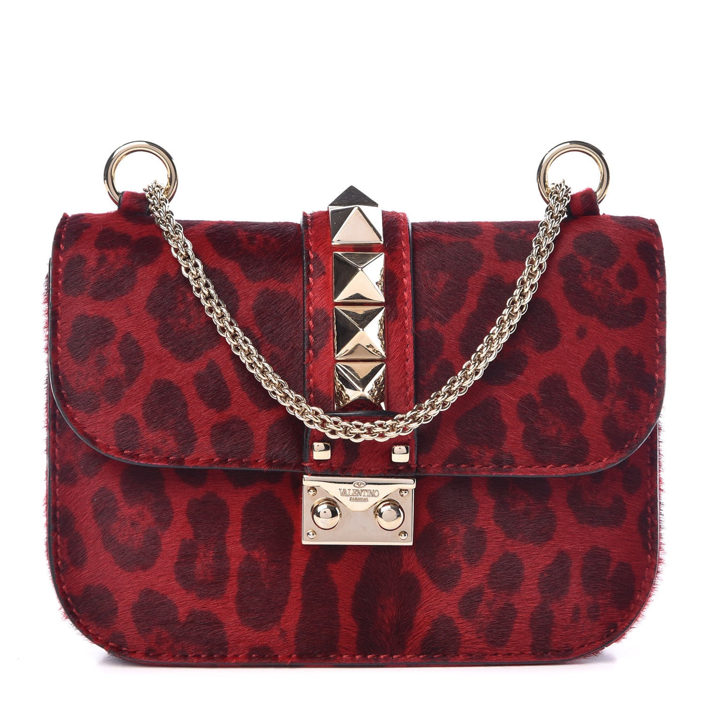 Calf Hair Leopard Print Small Glam Lock Rockstud Flap Red