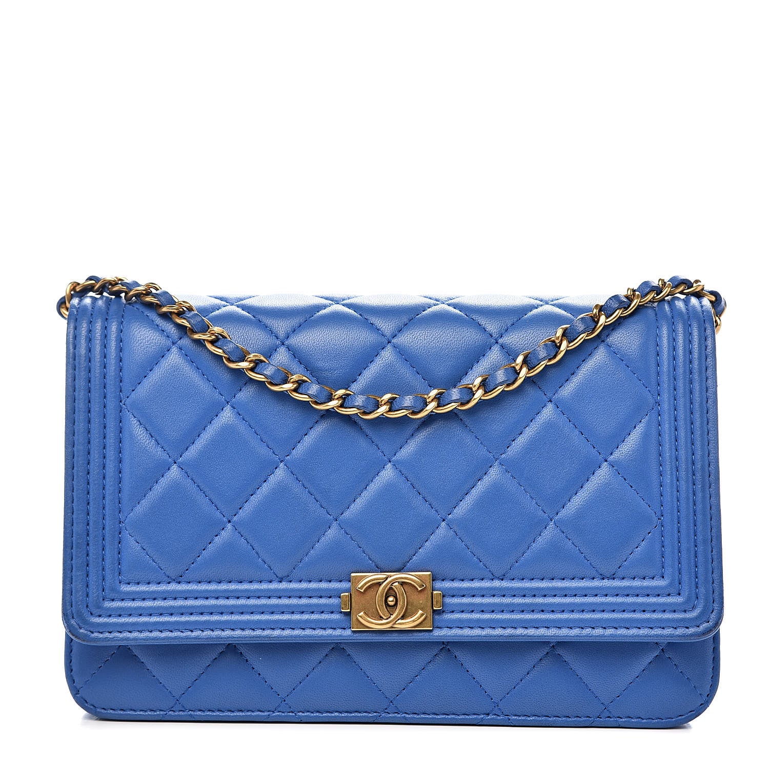 Chanel Lambskin Quilted Boy Wallet On Chain WOC Blue 1 of 14