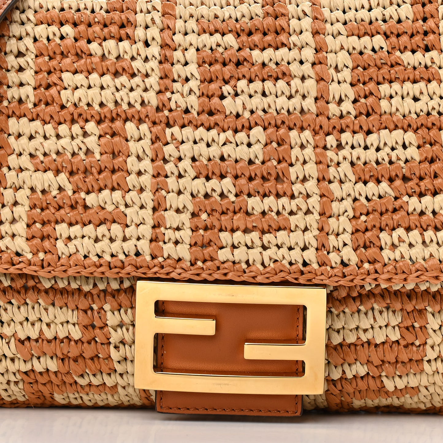 Raffia Vitello Seta FF Woven Large Baguette Brick Natural