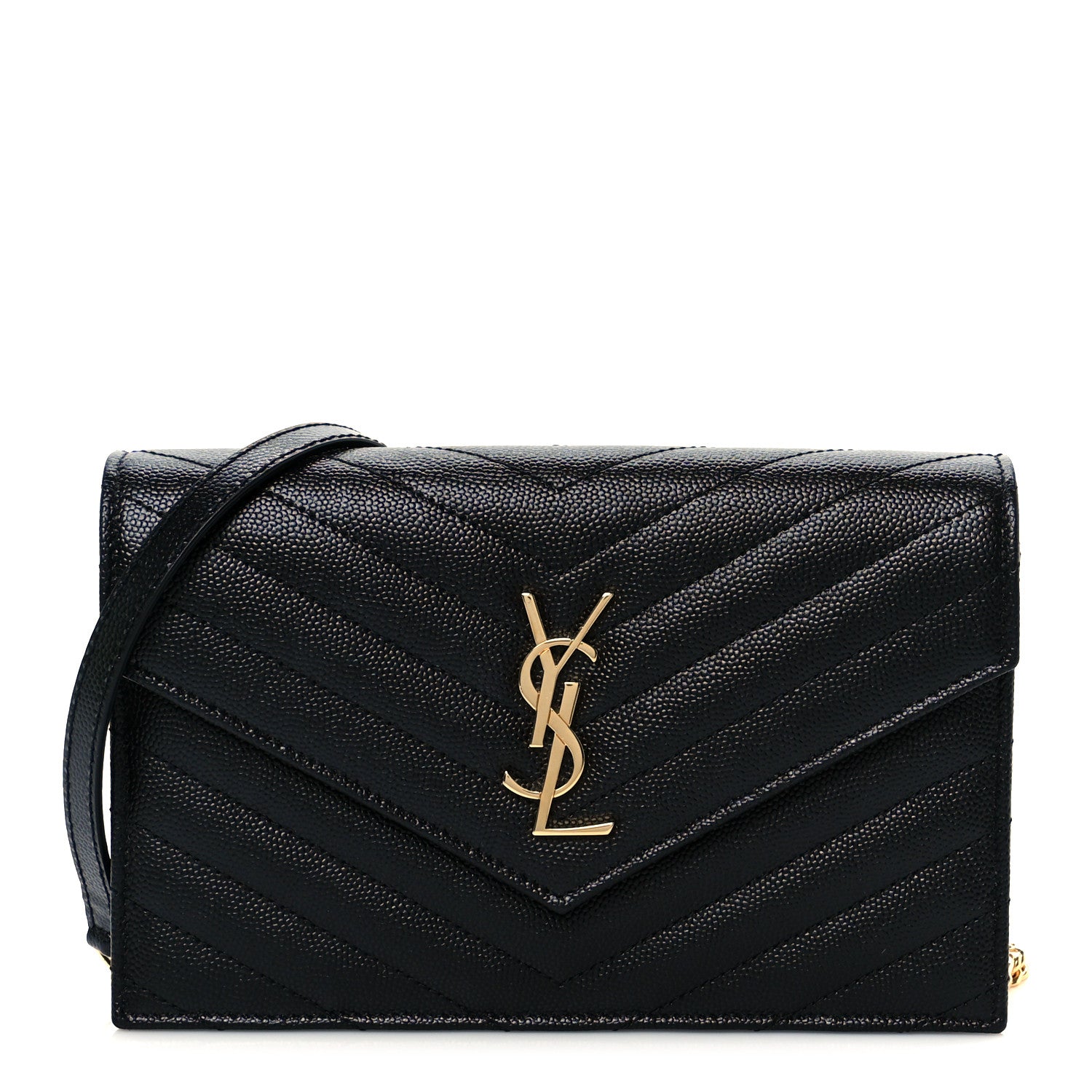Saint Laurent Grain De Poudre Matelasse Chevron Monogram Envelope Chain Wallet Black 2 of 20