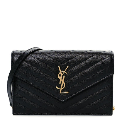 Saint Laurent Grain De Poudre Matelasse Chevron Monogram Envelope Chain Wallet Black 2 of 20