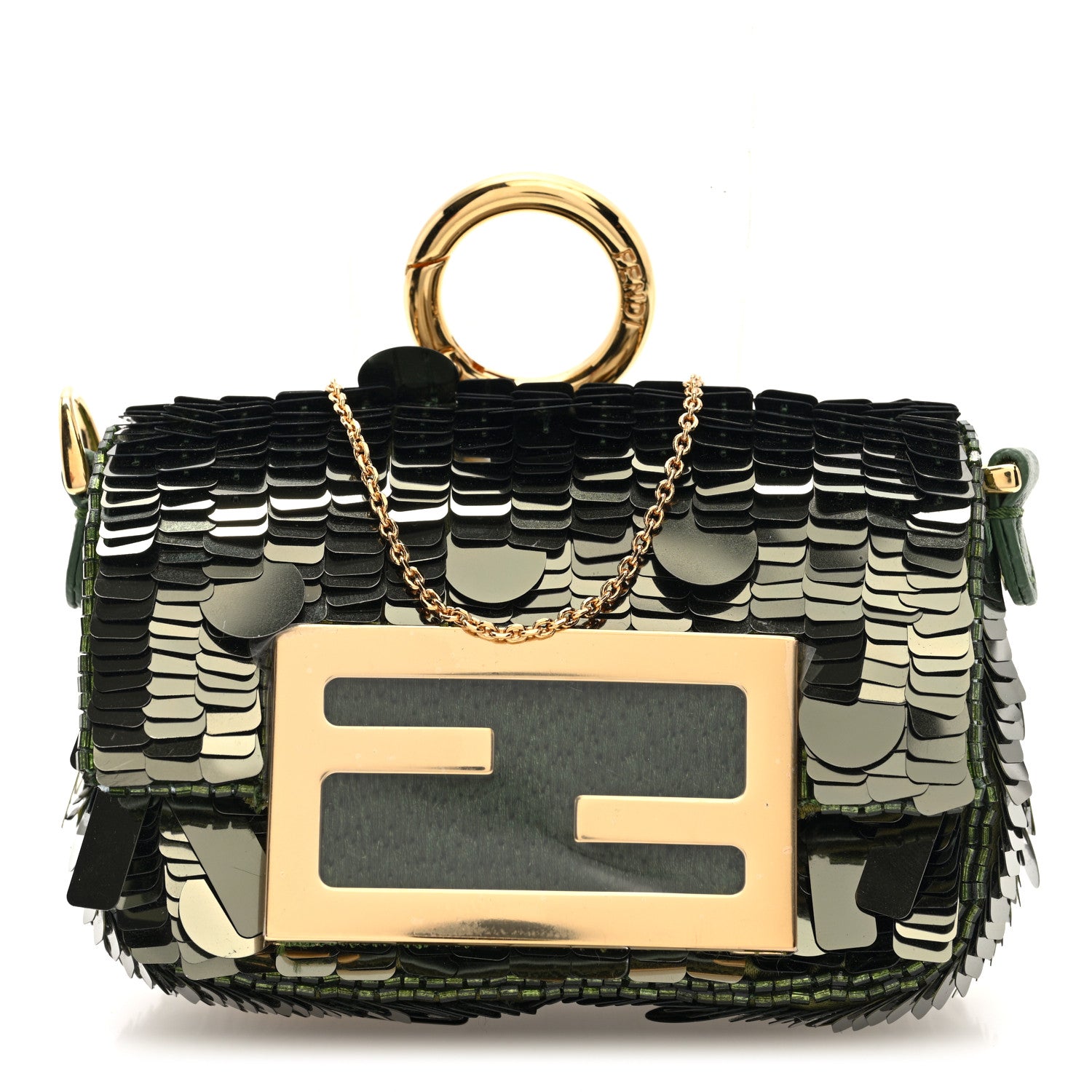 Fendi Sequin Paillettes Shiny Nappa Sex and the City Nano Maxi Buckle Baguette Charm Wasabi 1 of 10