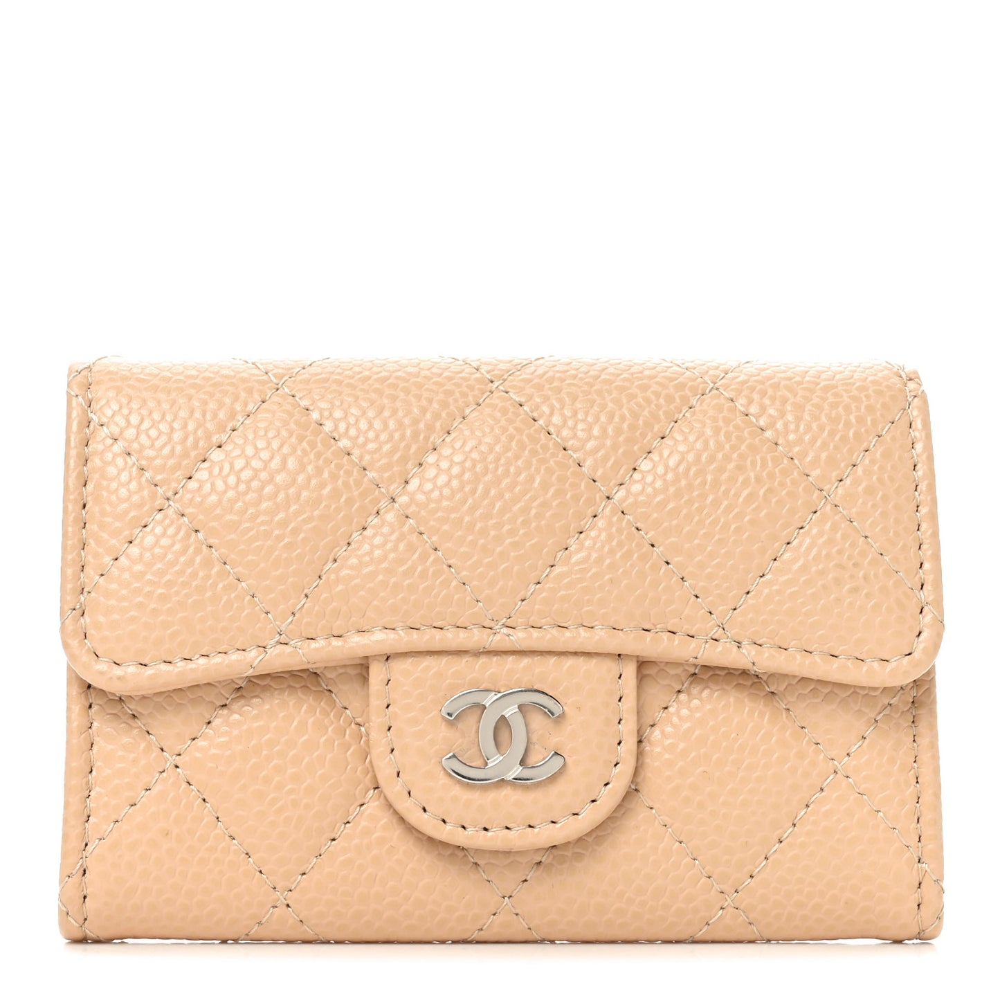 Caviar Quilted Flap Card Holder Wallet Beige