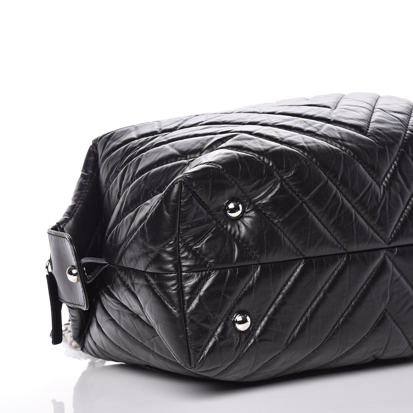 Aged Calfskin Chevron Quilted Bowling Bag Black