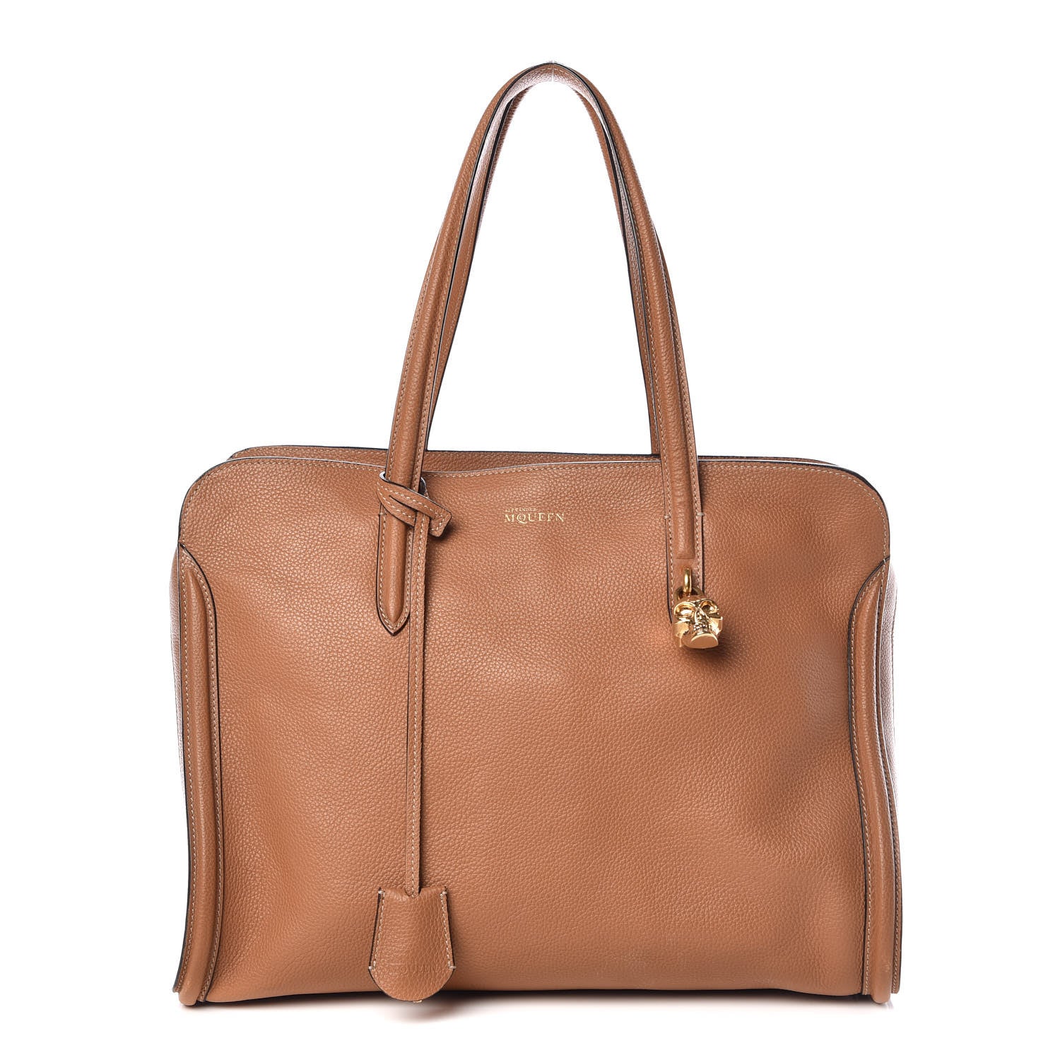 Alexander McQueen Pebbled Calfskin Large Skull Padlock Zip Around Tote Camel 1 of 14