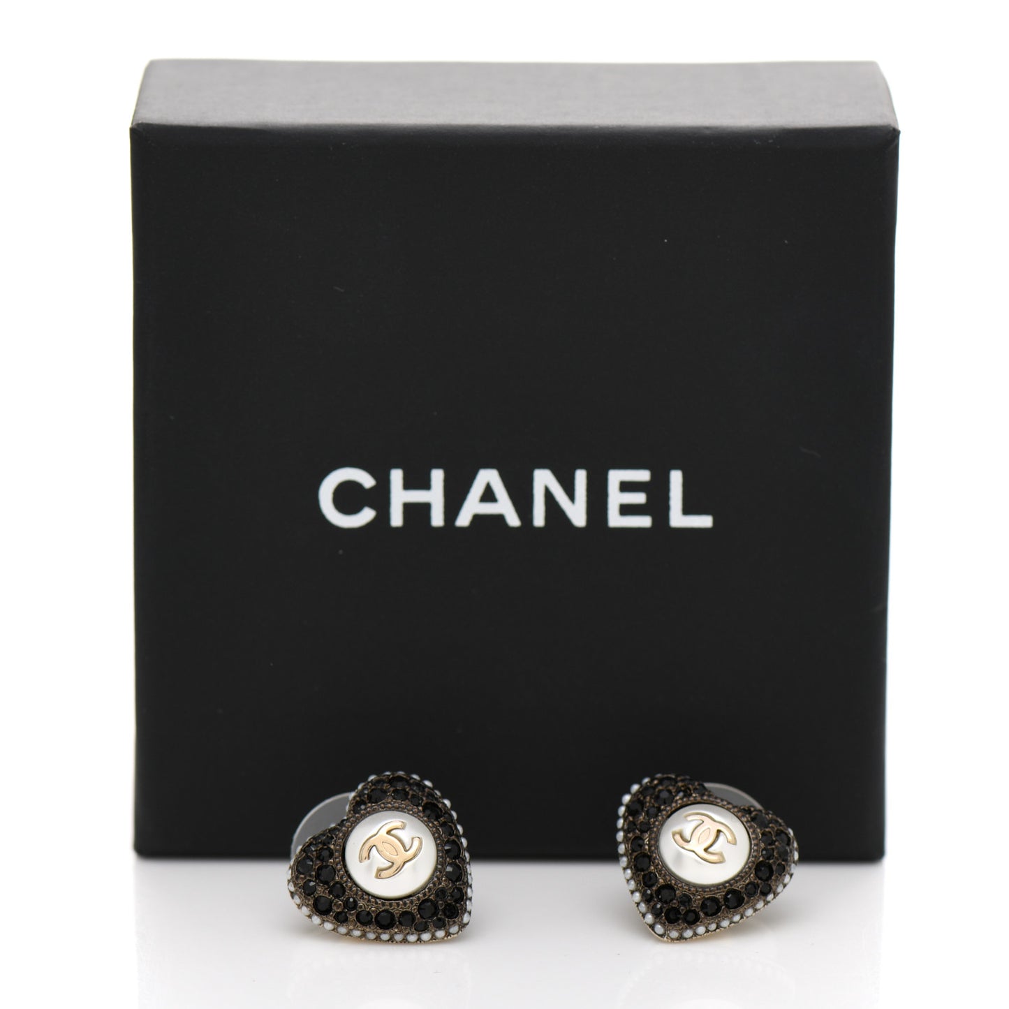 Pearl Crystal CC Heart Earrings Gold Black
