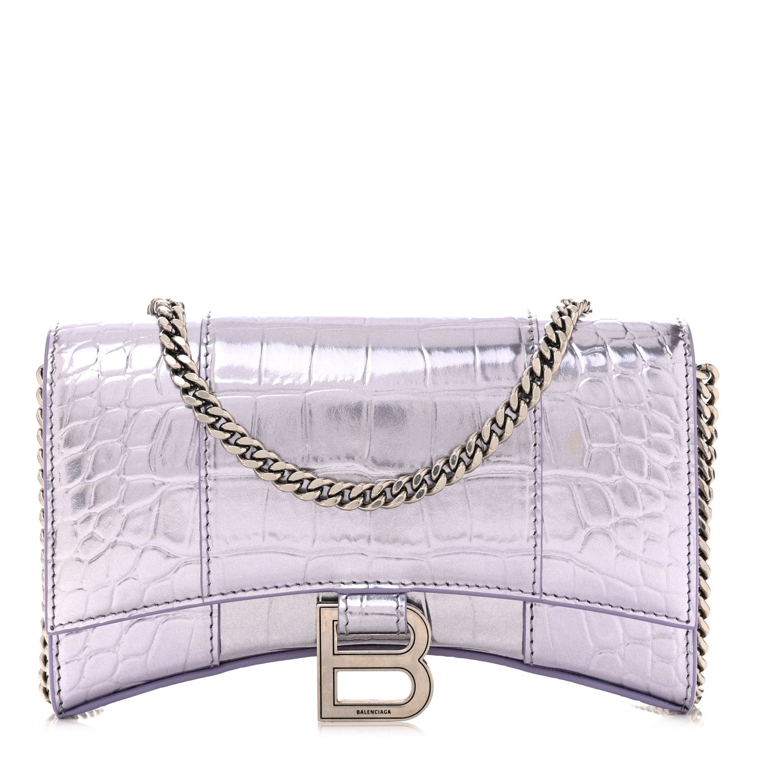 Balenciaga Shiny Metallic Calfskin Crocodile Embossed Hourglass Chain Bag Lilac 1 of 11
