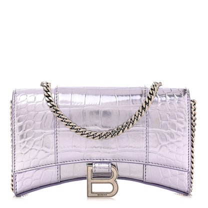 Balenciaga Shiny Metallic Calfskin Crocodile Embossed Hourglass Chain Bag Lilac 1 of 11