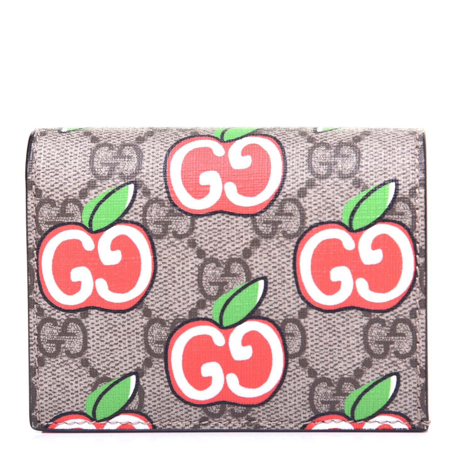 GG Supreme Monogram Apple Card Case Wallet Beige Multicolor Lobster Red