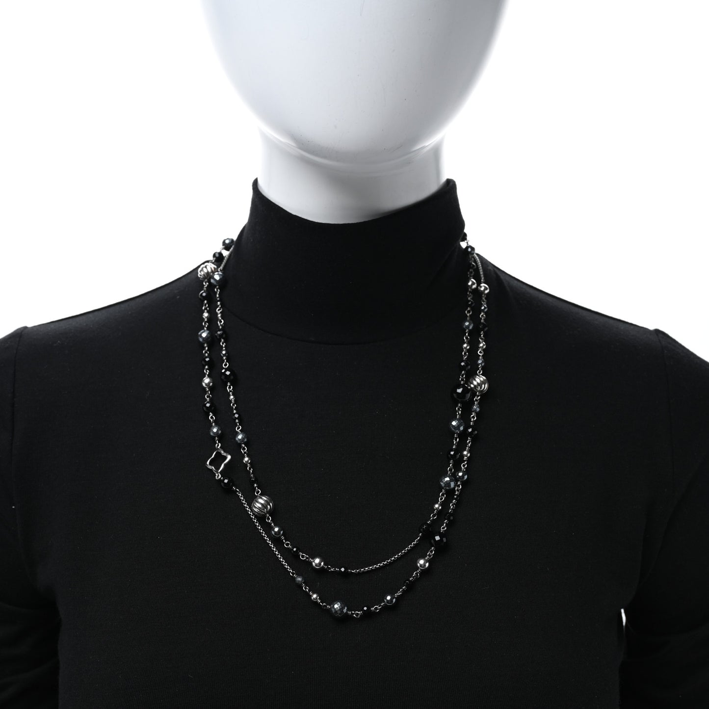 Darkened Sterling Silver Black Onyx Hematite Quatrefoil Bead Chain Necklace