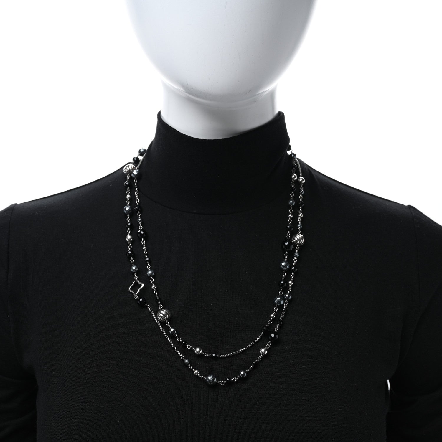 David Yurman Darkened Sterling Silver Black Onyx Hematite Quatrefoil Bead Chain Necklace 3 of 4