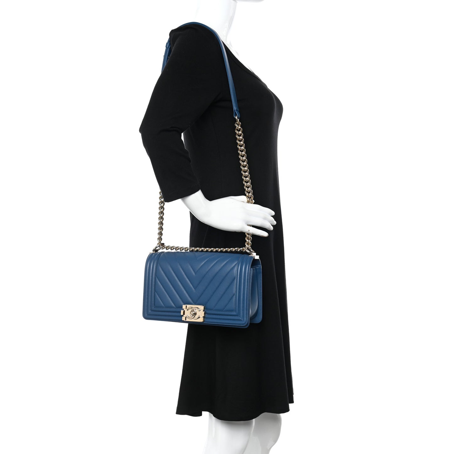 Calfskin Chevron Quilted Medium Boy Flap Blue