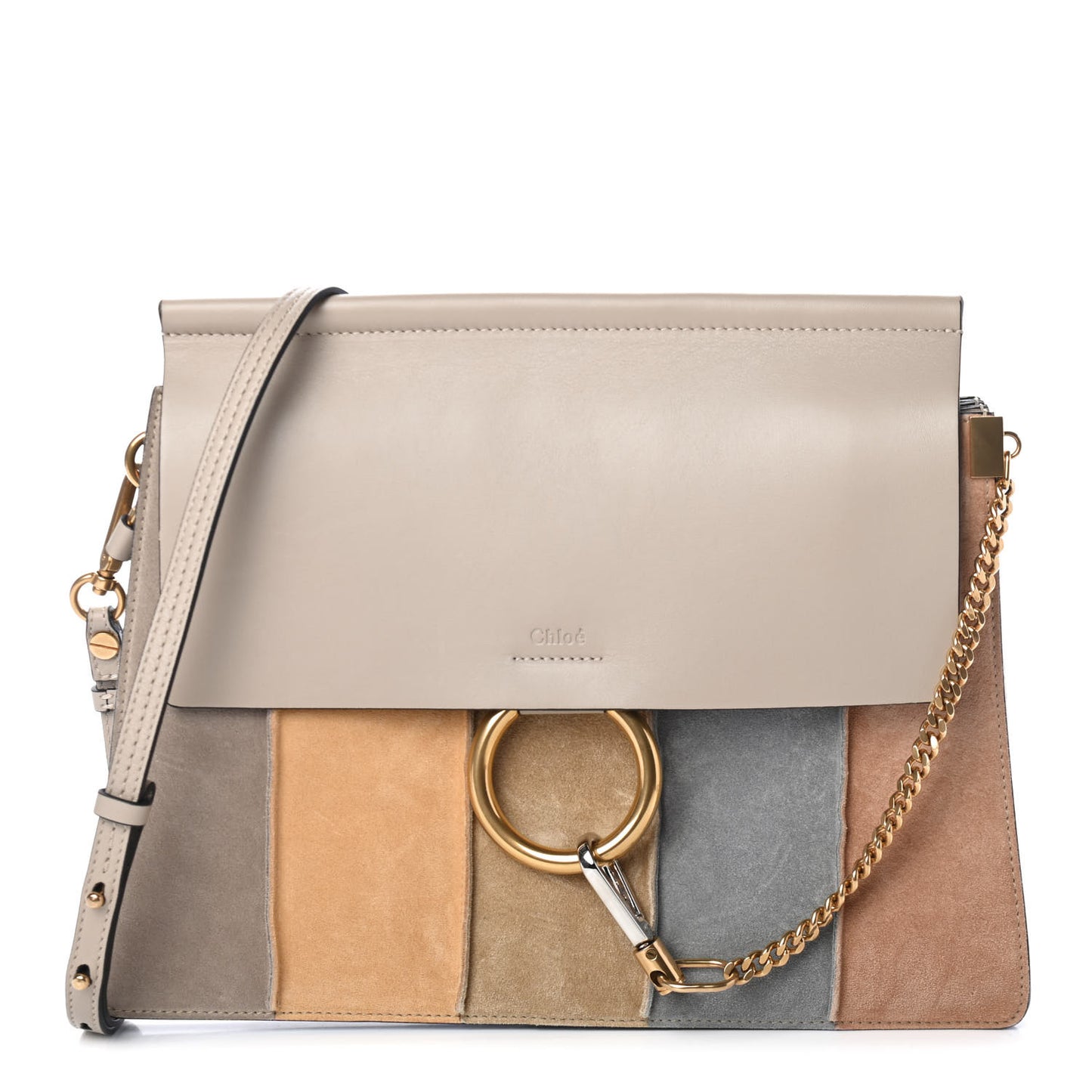 Suede Calfskin Striped Patchwork Medium Faye Shoulder Bag Grey Multicolor