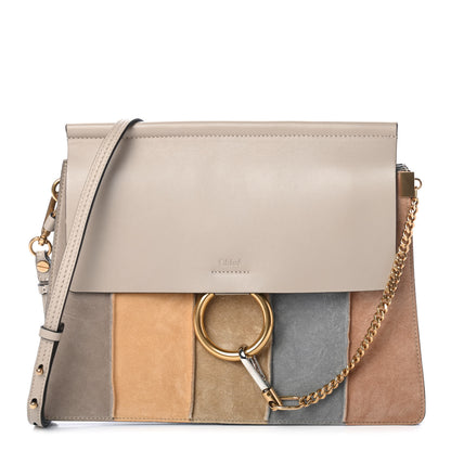 Chloe Suede Calfskin Striped Patchwork Medium Faye Shoulder Bag Grey Multicolor 1 of 5