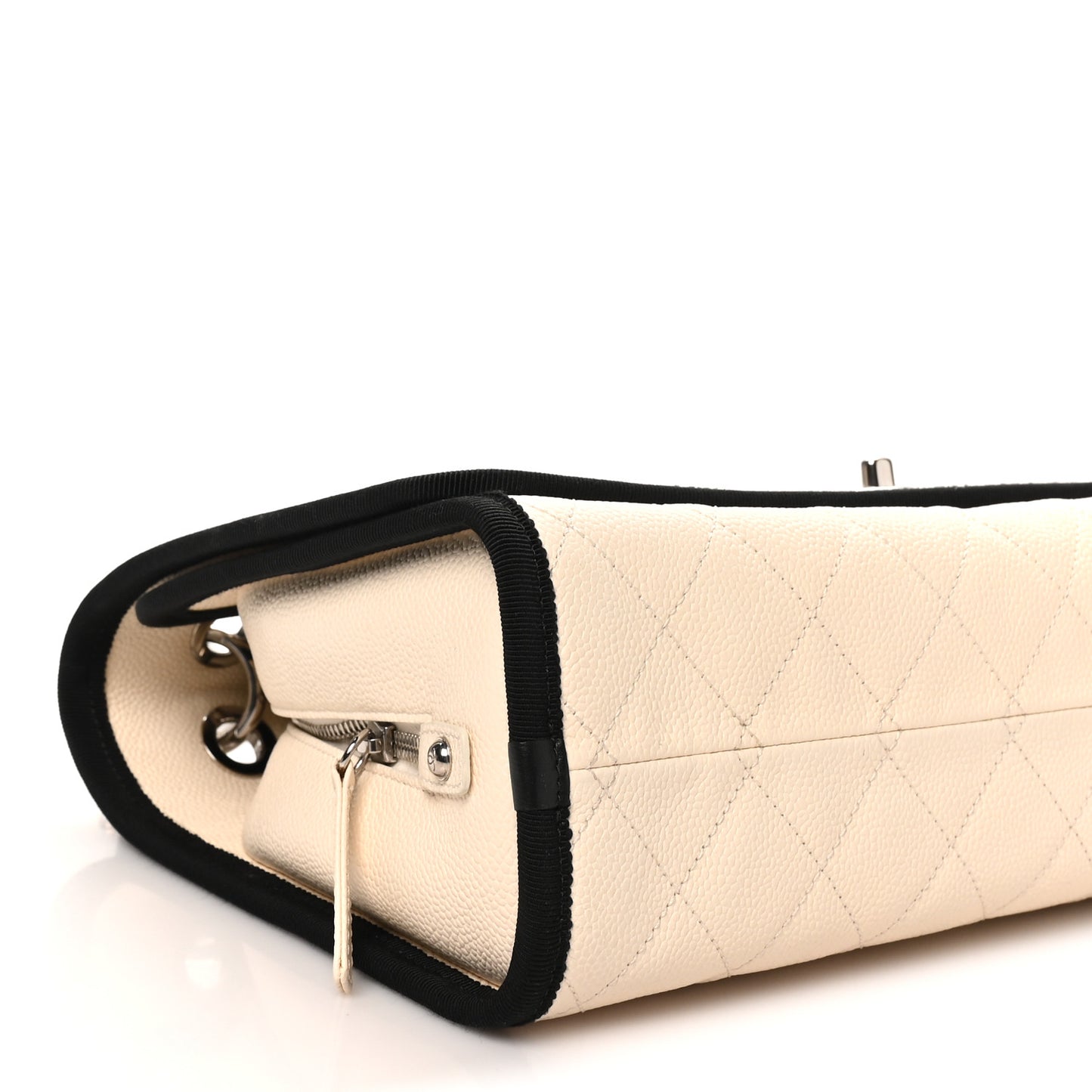 Caviar Grosgrain Quilted Top Handle CC Flap Beige Black