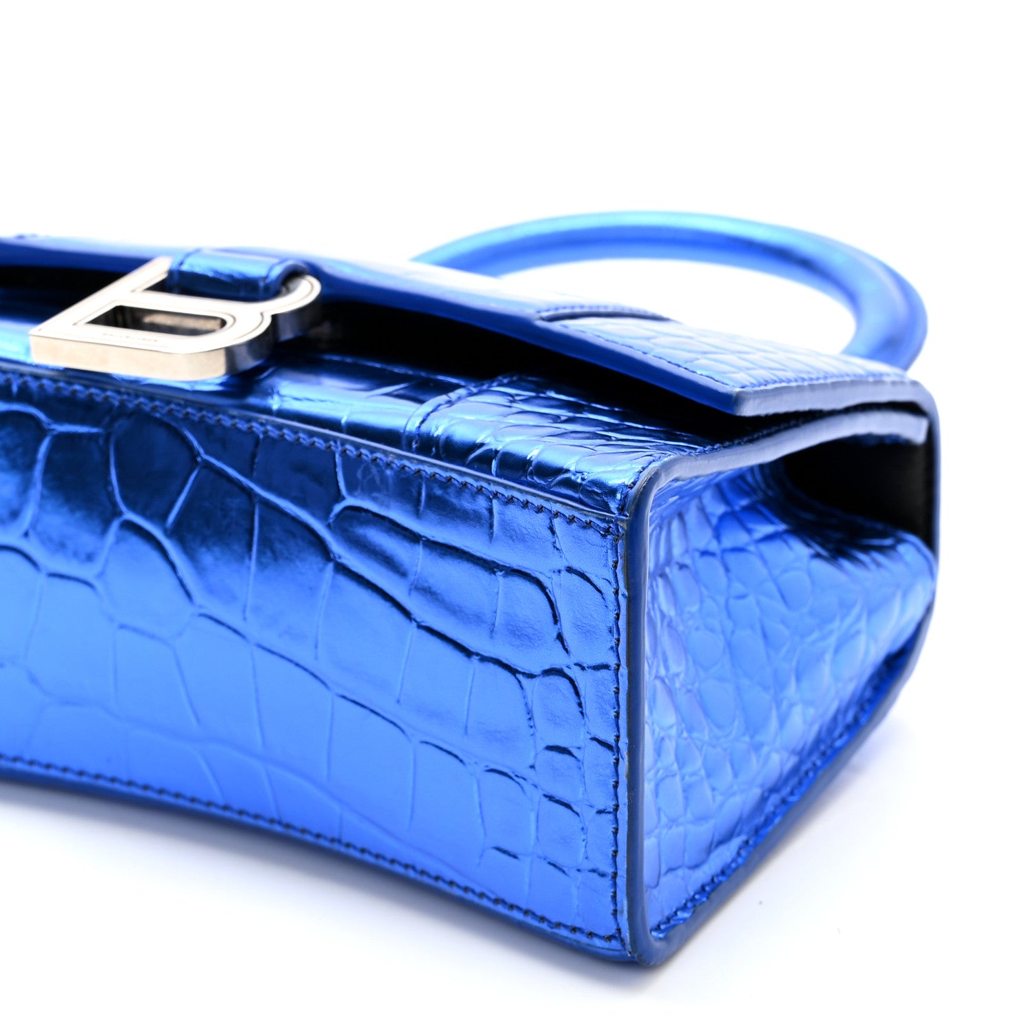 Balenciaga Metallic Shiny Calfskin Crocodile Embossed Hourglass Top Handle Bag XS Royal Blue 10 of 12
