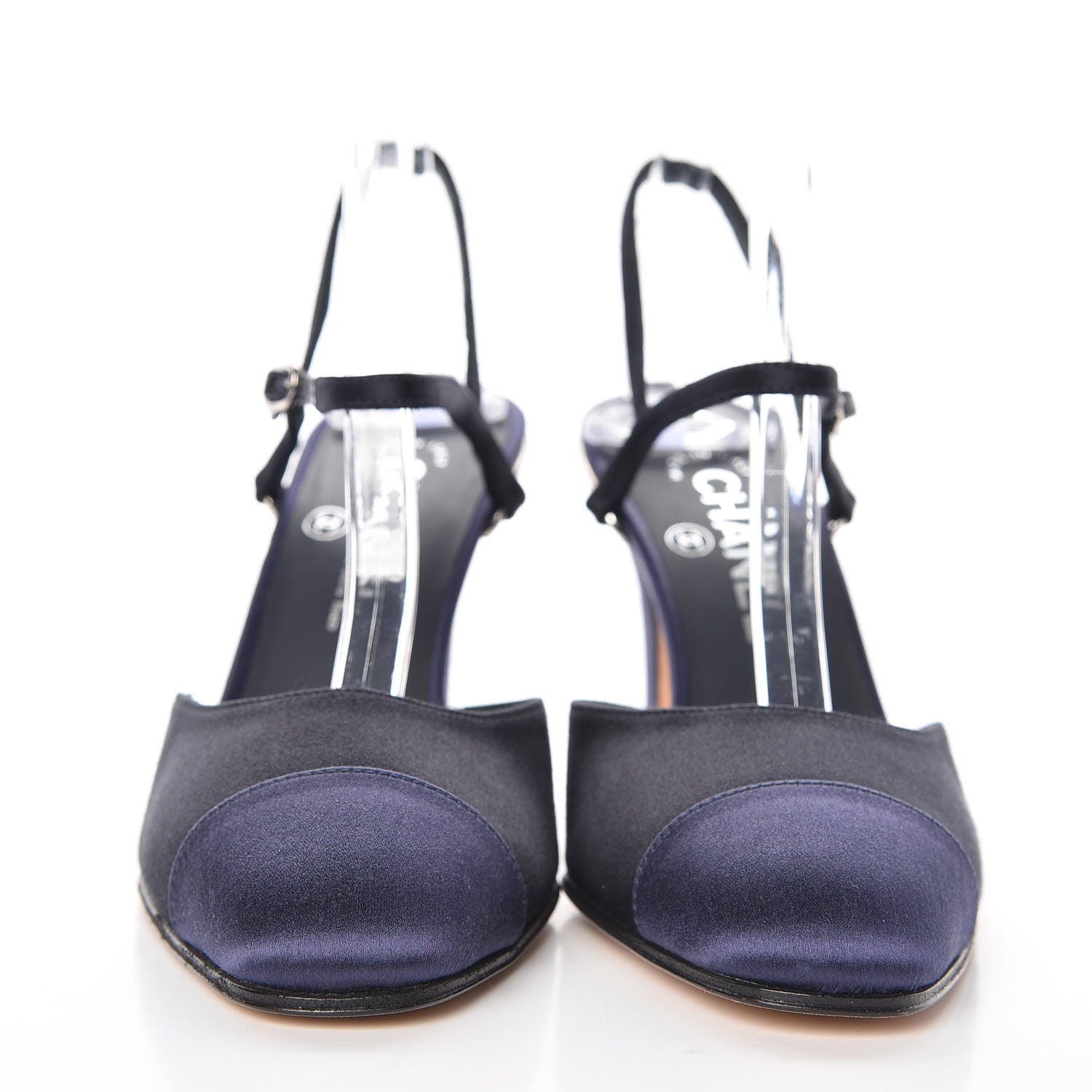 Chanel Satin Cap Toe CC Slingback Pumps 36.5 Navy Black 2 of 9