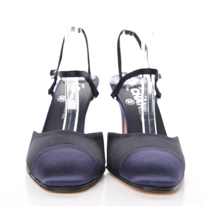 Chanel Satin Cap Toe CC Slingback Pumps 36.5 Navy Black 2 of 9