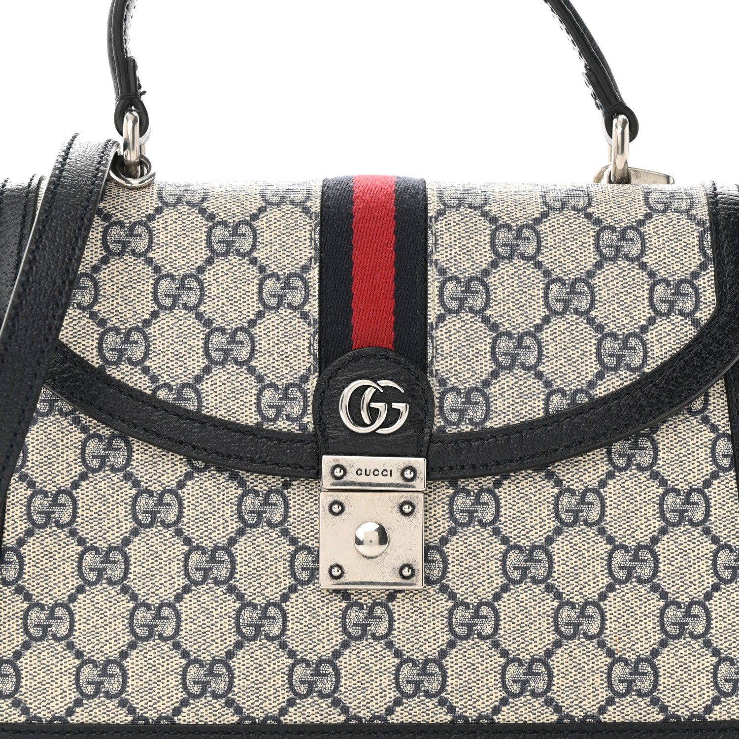 Gucci GG Supreme Monogram Textured Dollar Calfskin Web Small Ophidia Padlock Top Handle Bag Beige Blue 7 of 11