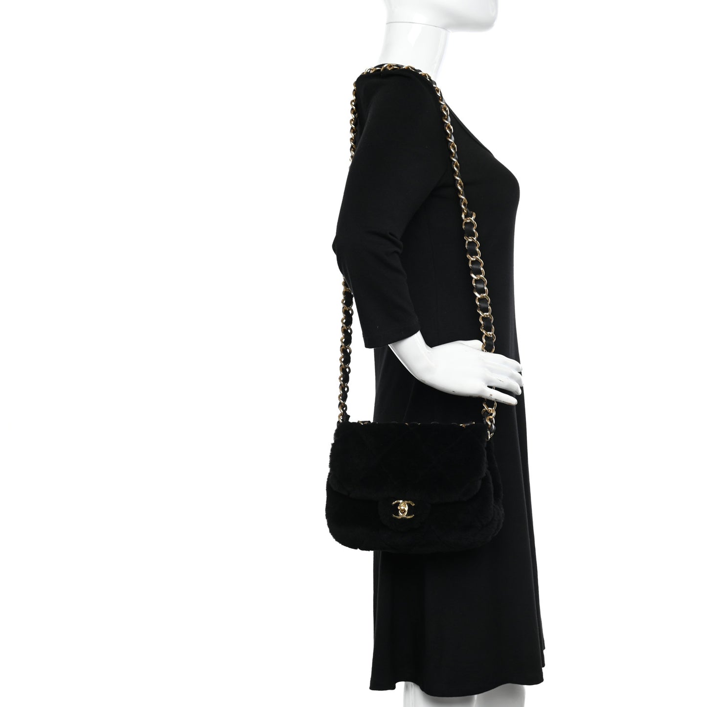 Shearling Lambskin Quilted Chain Top Handle Flap Black