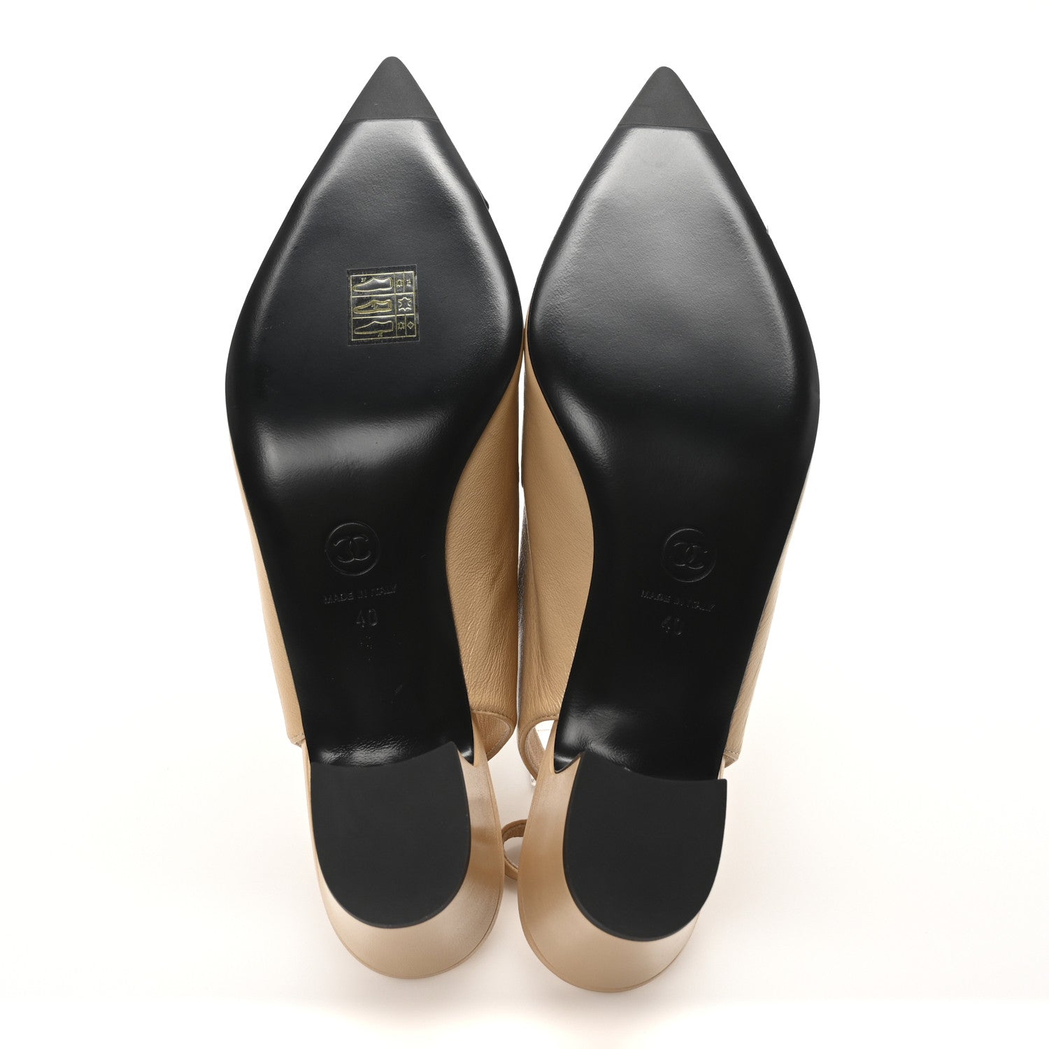 Chanel Shiny Lambskin Grosgrain Pointed Toe CC Slingback Pumps 40 Beige Black 6 of 9